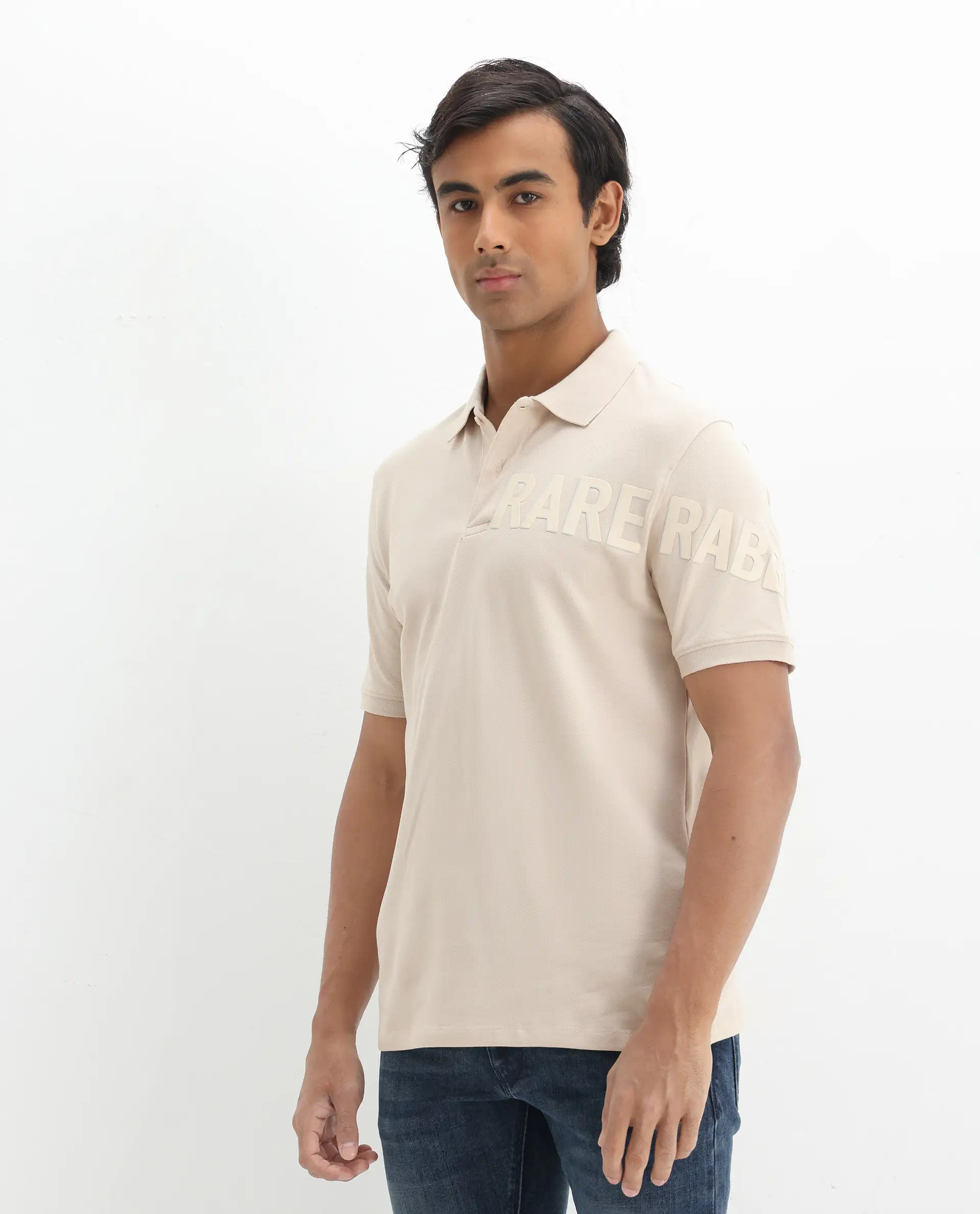 Rare Rabbit Men's Taro Light Beige Cotton Graphic Print Regular Fit Half Sleeve Polo - Image 5
