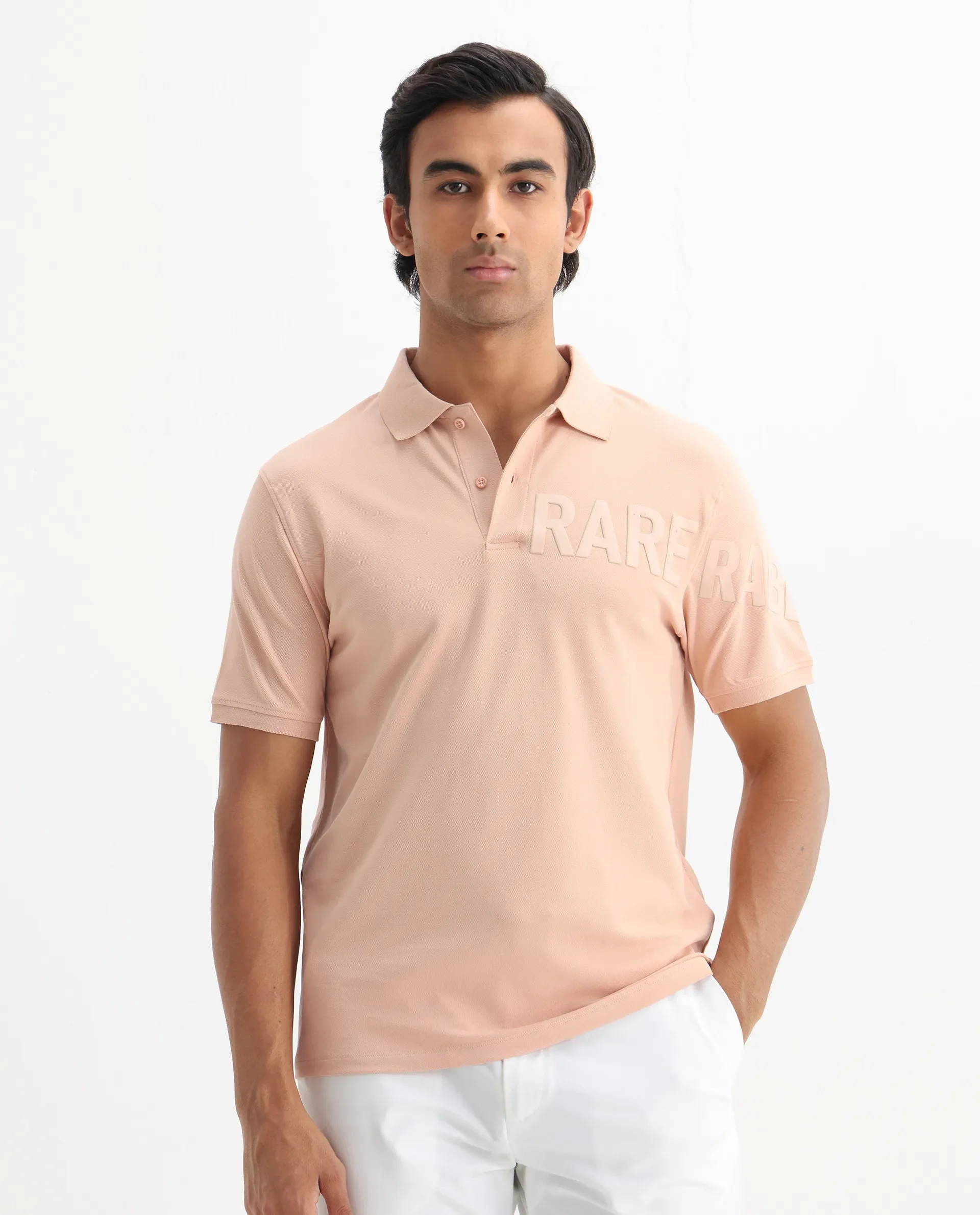 Rare Rabbit Men's Taro Peach Cotton Plain Regular Fit Half Sleeve Polo - Image 3