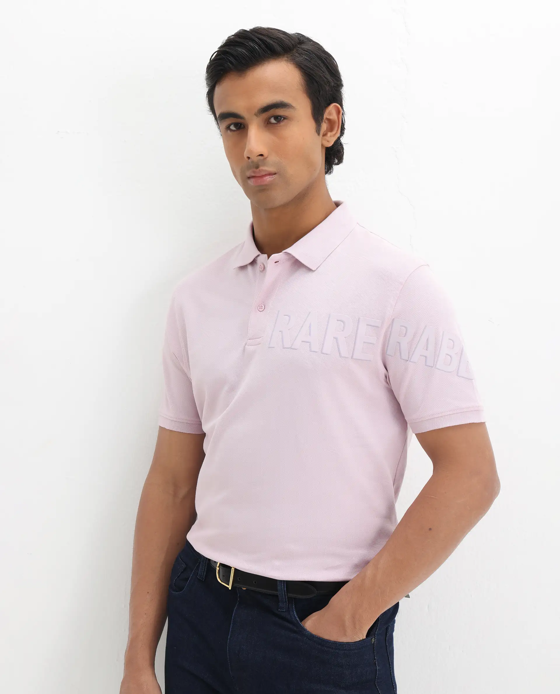 Rare Rabbit Men's Taro Pink Cotton Plain Regular Fit Half Sleeve Polo - Image 4