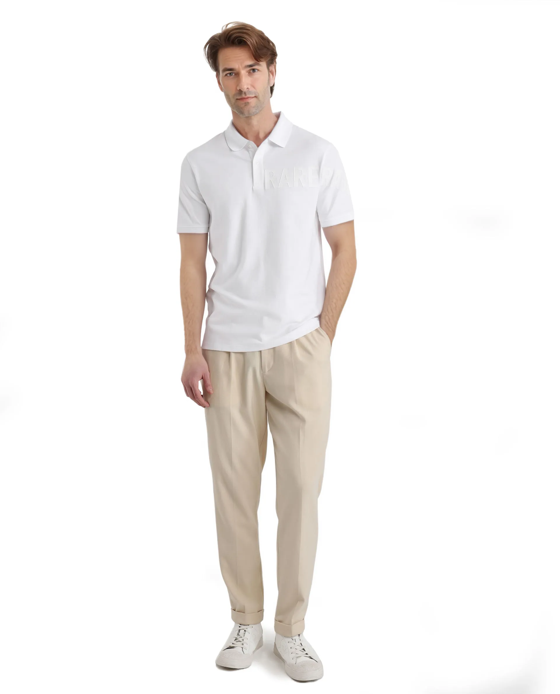 Rare Rabbit Men's Taro White Cotton Plain Regular Fit Half Sleeve Polo - Image 2