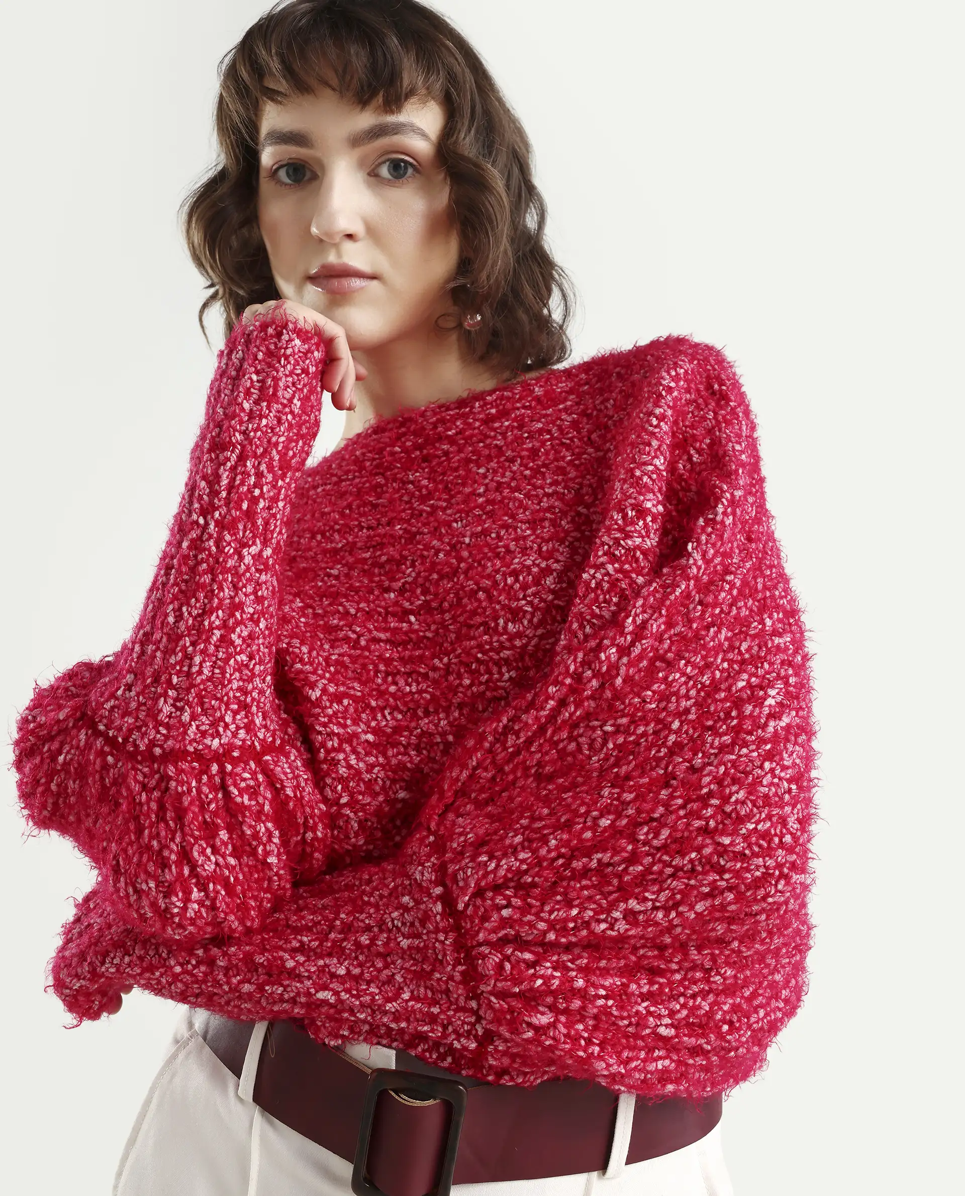 Rareism Women's Taro Dark Red Polyester Off Shoulder Dyed Relaxed Fit Sweater