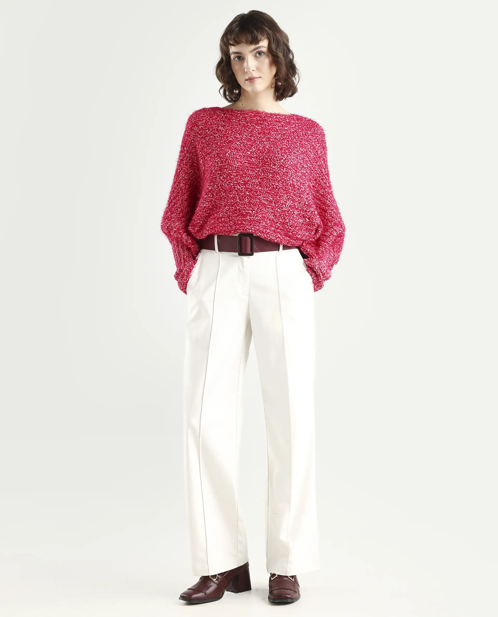 Rareism Women's Taro Dark Red Polyester Off Shoulder Dyed Relaxed Fit Sweater - Image 2