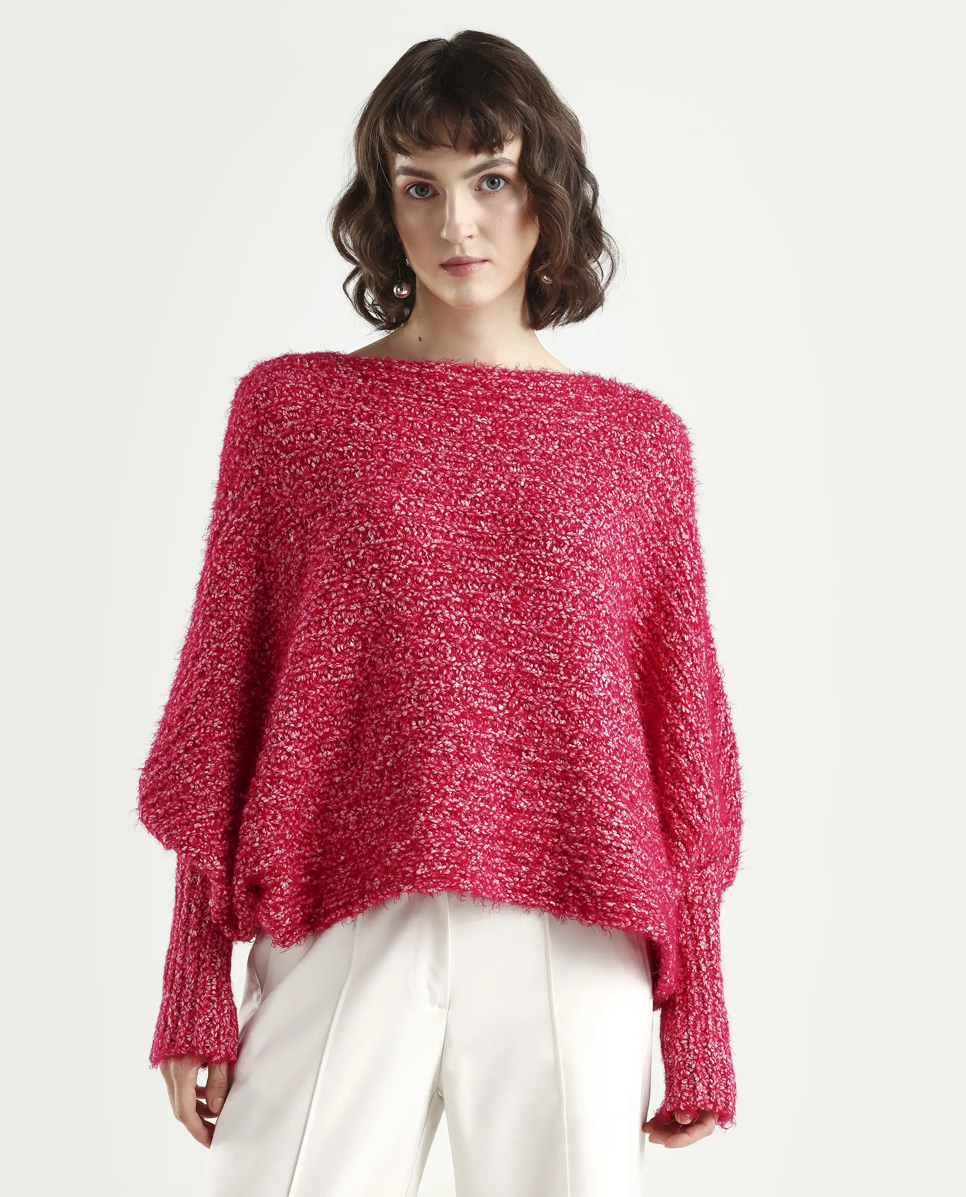 Rareism Women's Taro Dark Red Polyester Off Shoulder Dyed Relaxed Fit Sweater - Image 3