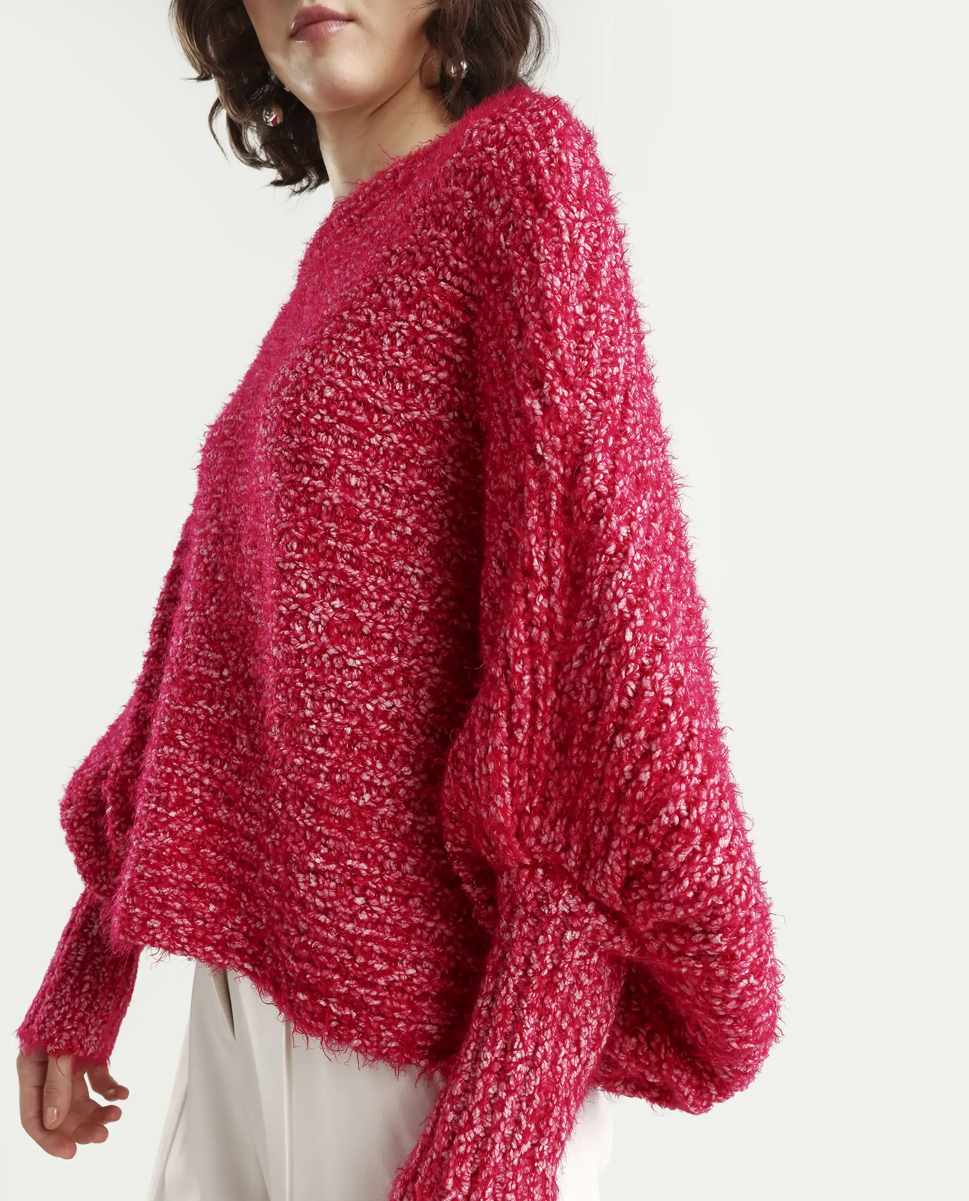 Rareism Women's Taro Dark Red Polyester Off Shoulder Dyed Relaxed Fit Sweater - Image 4