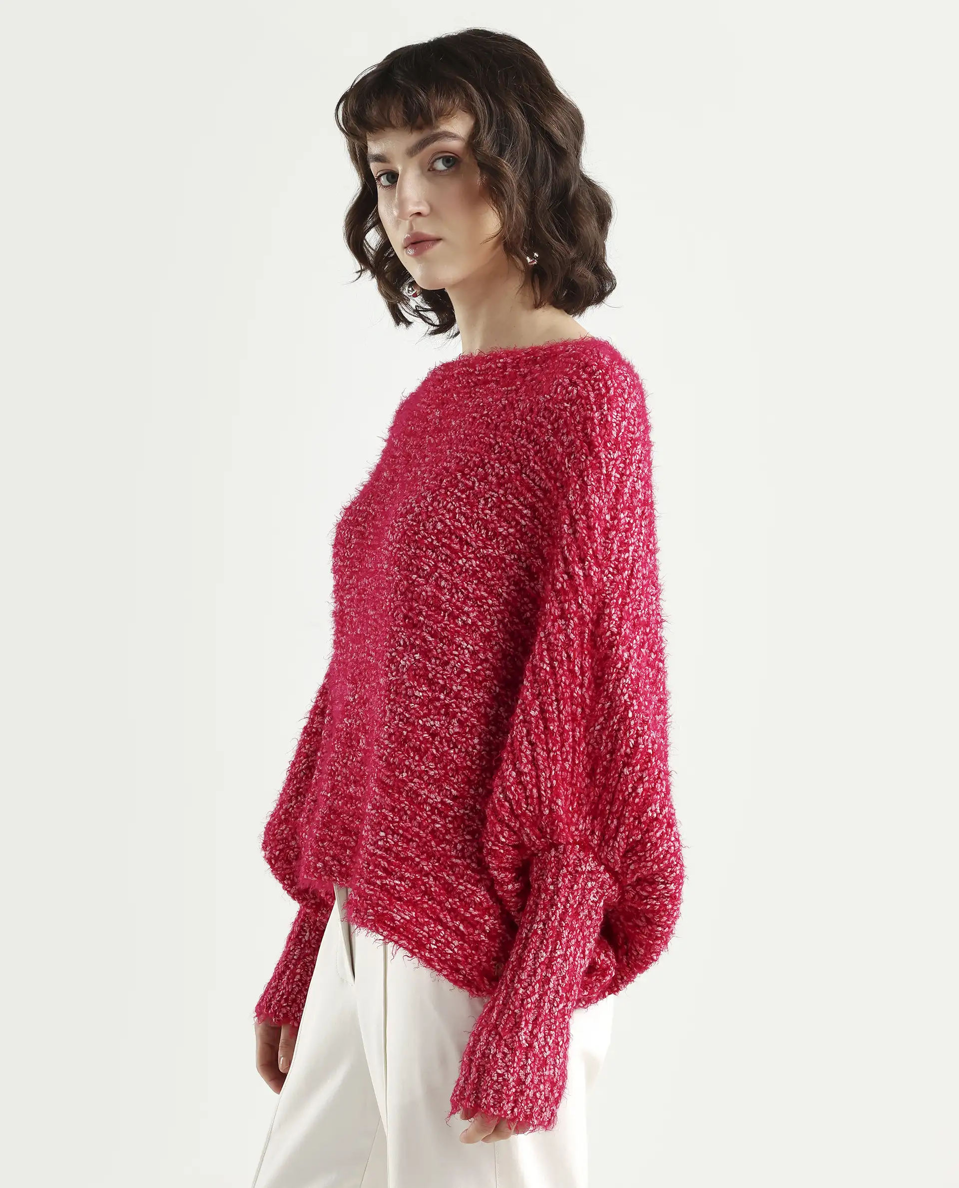 Rareism Women's Taro Dark Red Polyester Off Shoulder Dyed Relaxed Fit Sweater - Image 5