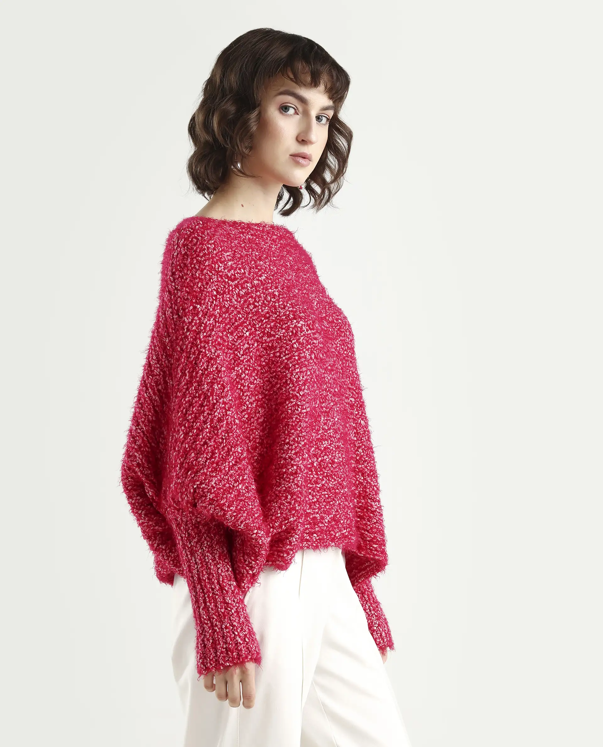 Rareism Women's Taro Dark Red Polyester Off Shoulder Dyed Relaxed Fit Sweater - Image 6
