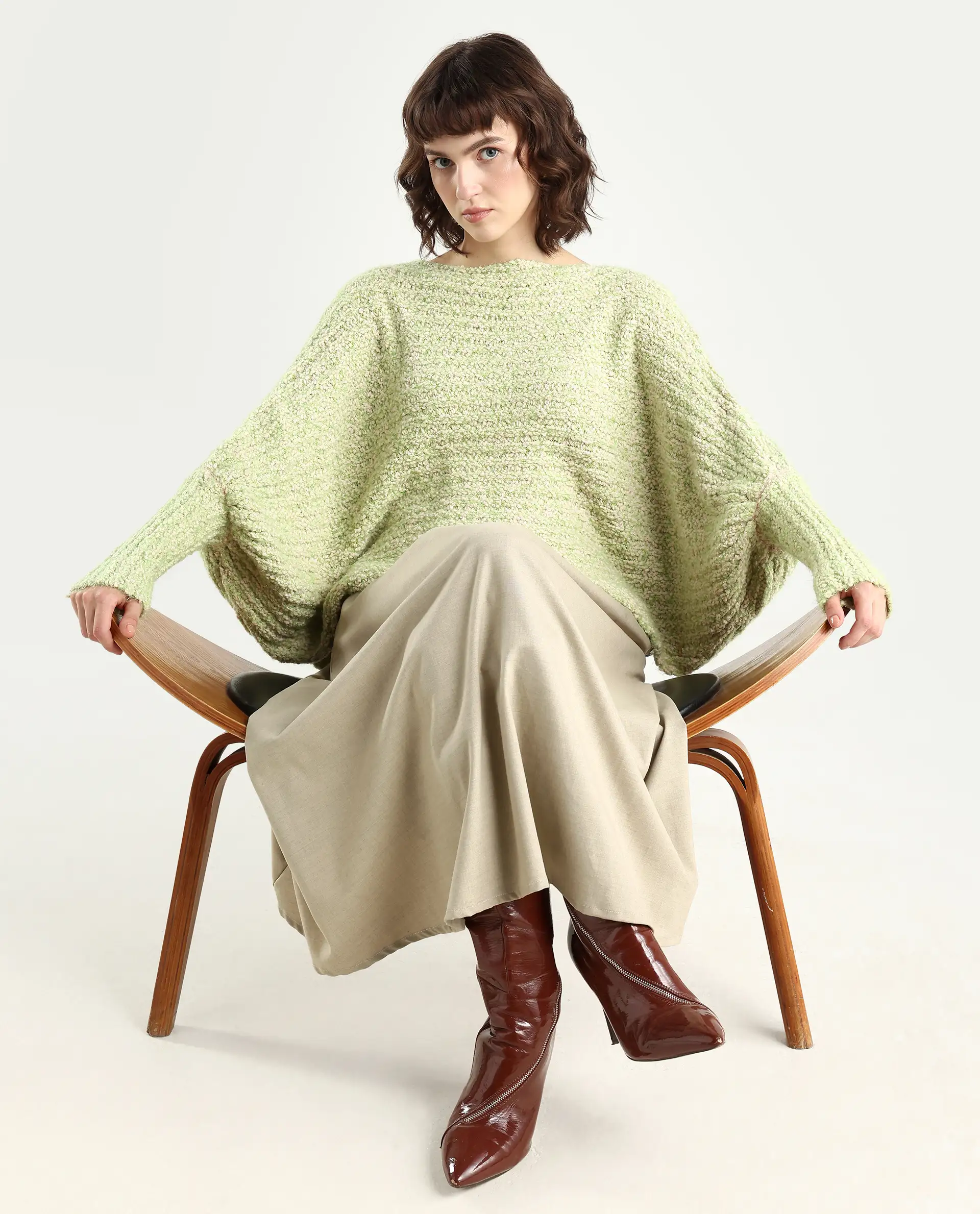 Rareism Women's Taro Dusky Green Polyester Off Shoulder Dyed Relaxed Fit Sweater