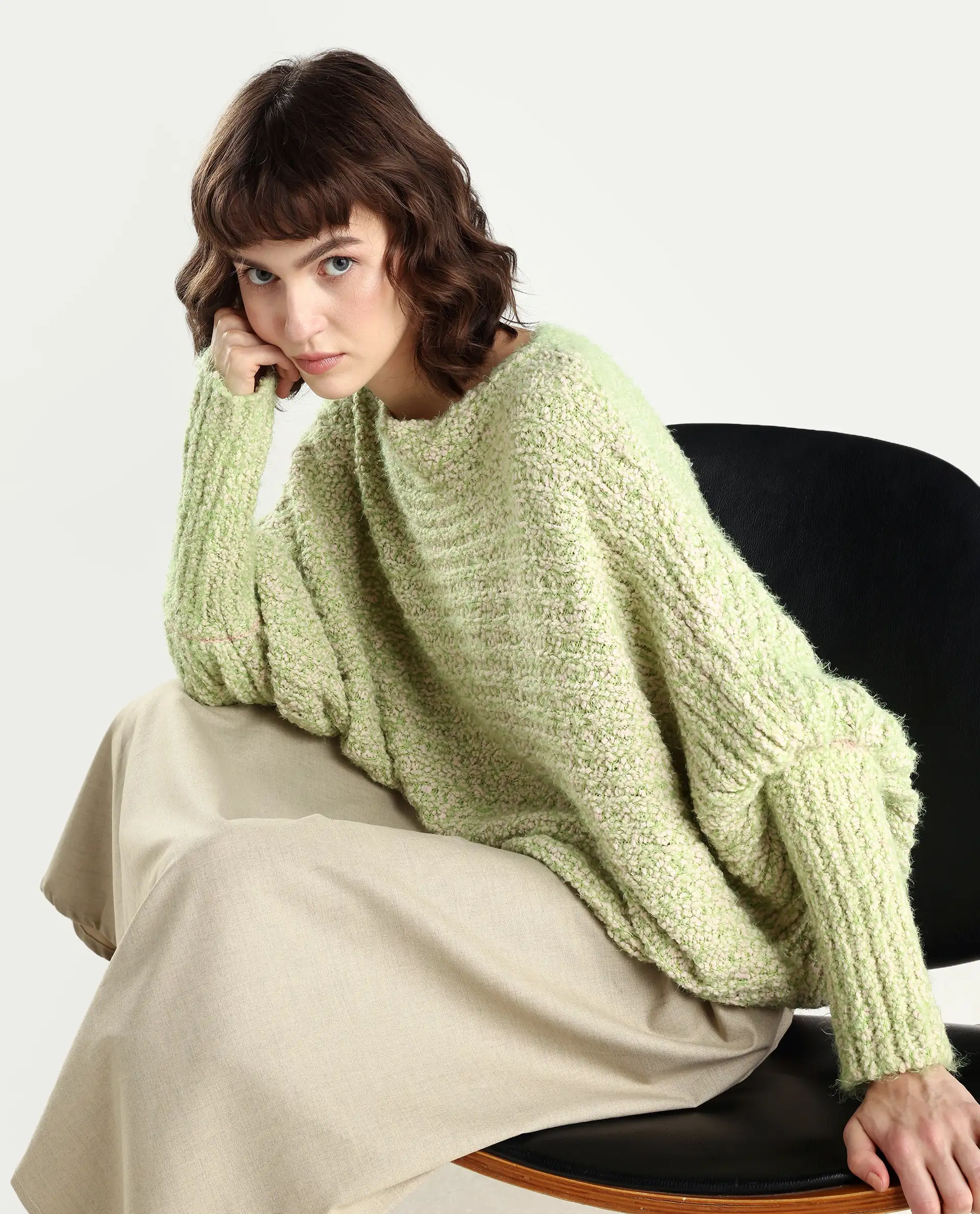 Rareism Women's Taro Dusky Green Polyester Off Shoulder Dyed Relaxed Fit Sweater - Image 2