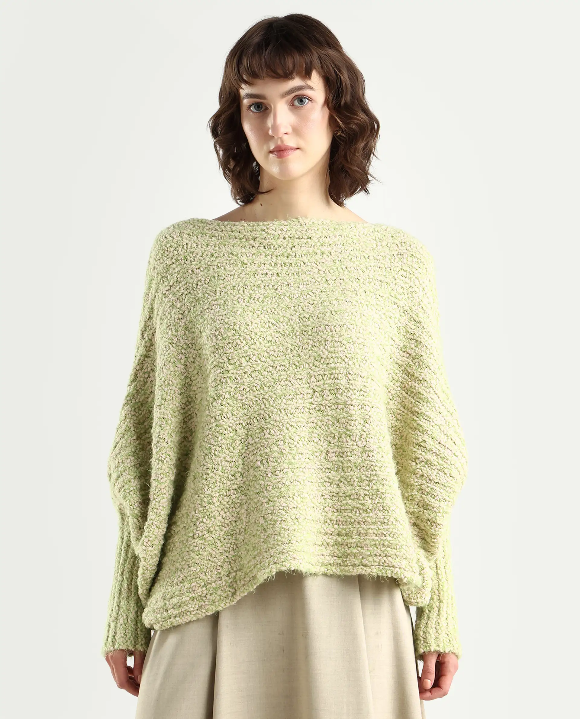 Rareism Women's Taro Dusky Green Polyester Off Shoulder Dyed Relaxed Fit Sweater - Image 3