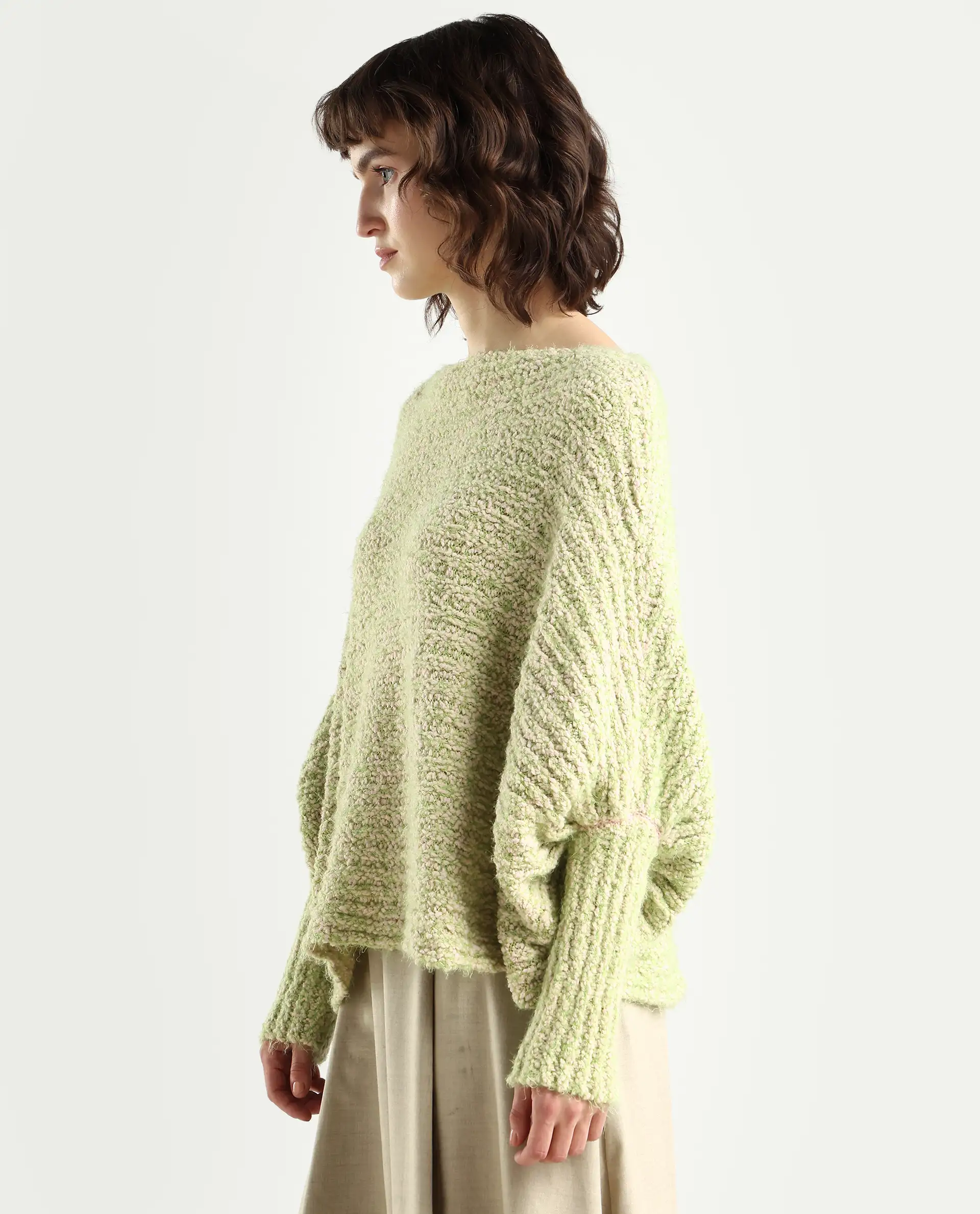 Rareism Women's Taro Dusky Green Polyester Off Shoulder Dyed Relaxed Fit Sweater - Image 5