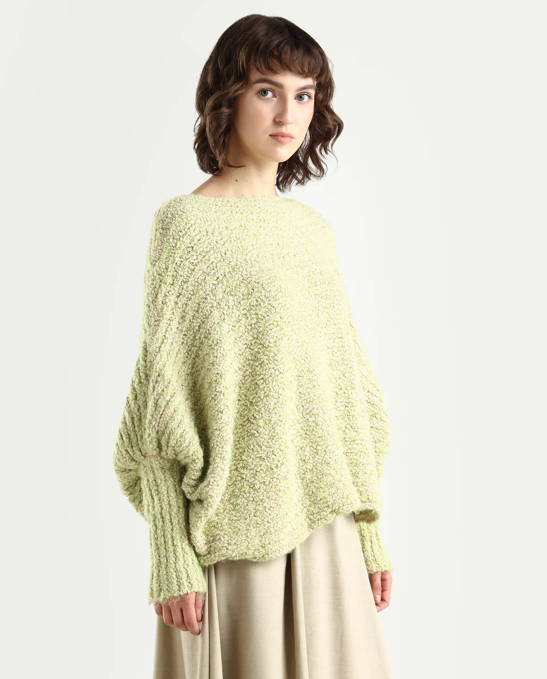 Rareism Women's Taro Dusky Green Polyester Off Shoulder Dyed Relaxed Fit Sweater - Image 6