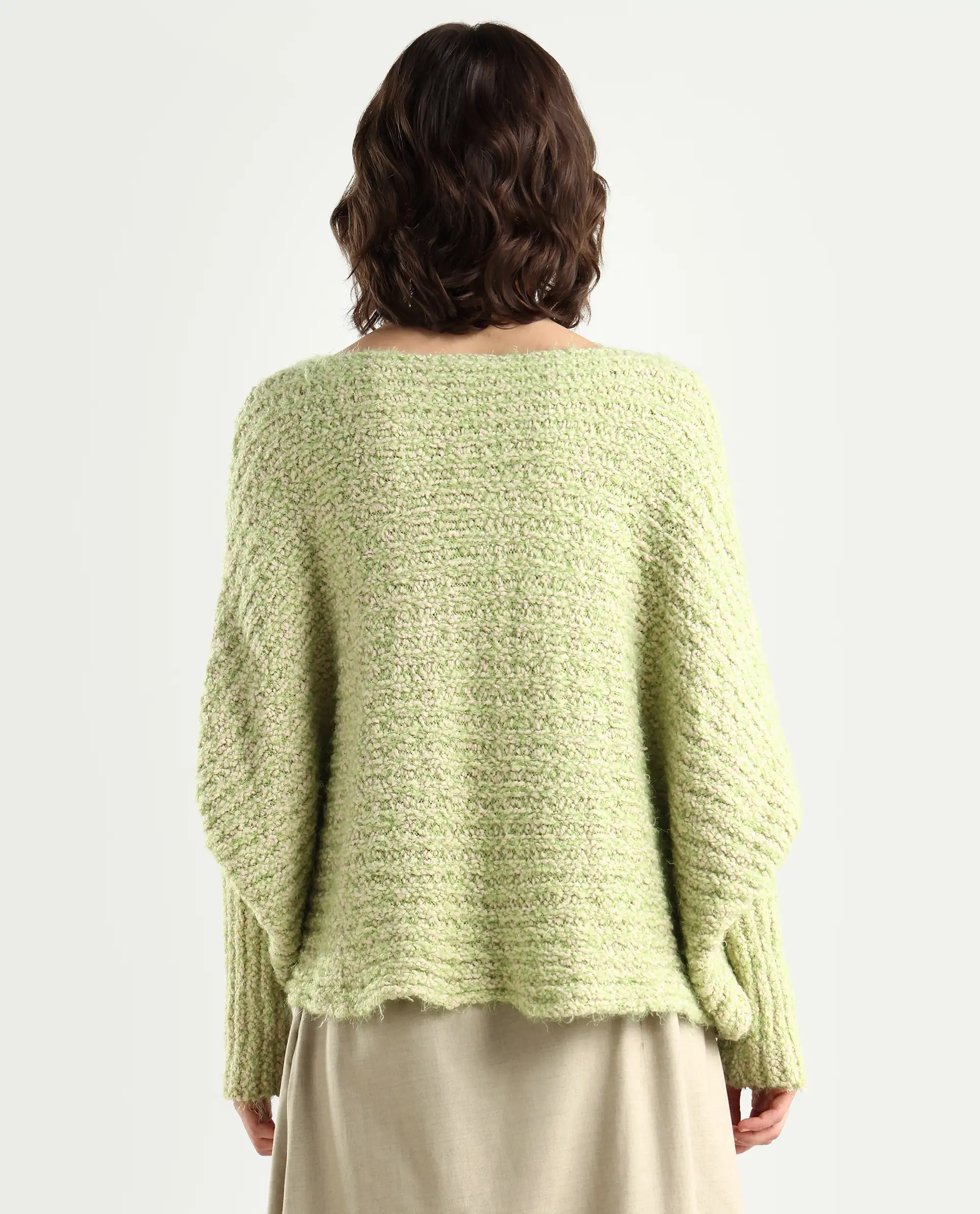 Rareism Women's Taro Dusky Green Polyester Off Shoulder Dyed Relaxed Fit Sweater - Image 7