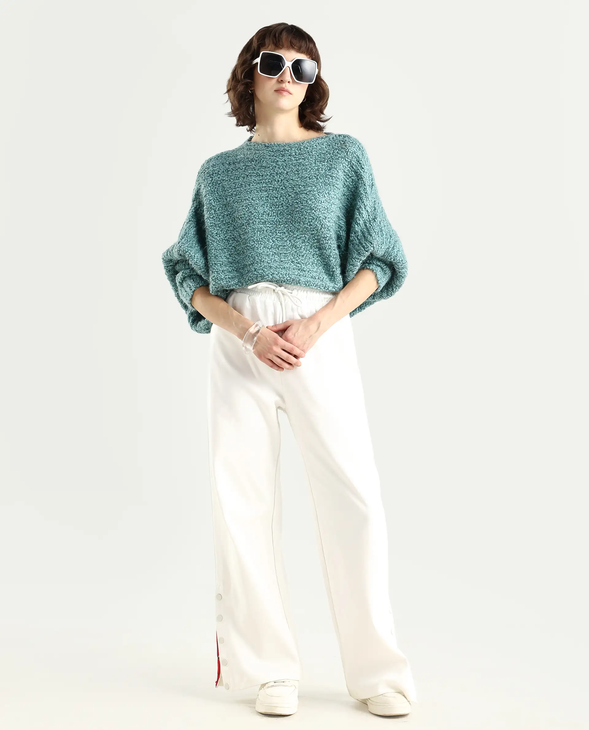 Rareism Women's Taro Teal Polyester Off Shoulder Plain Relaxed Fit Sweater - Image 2