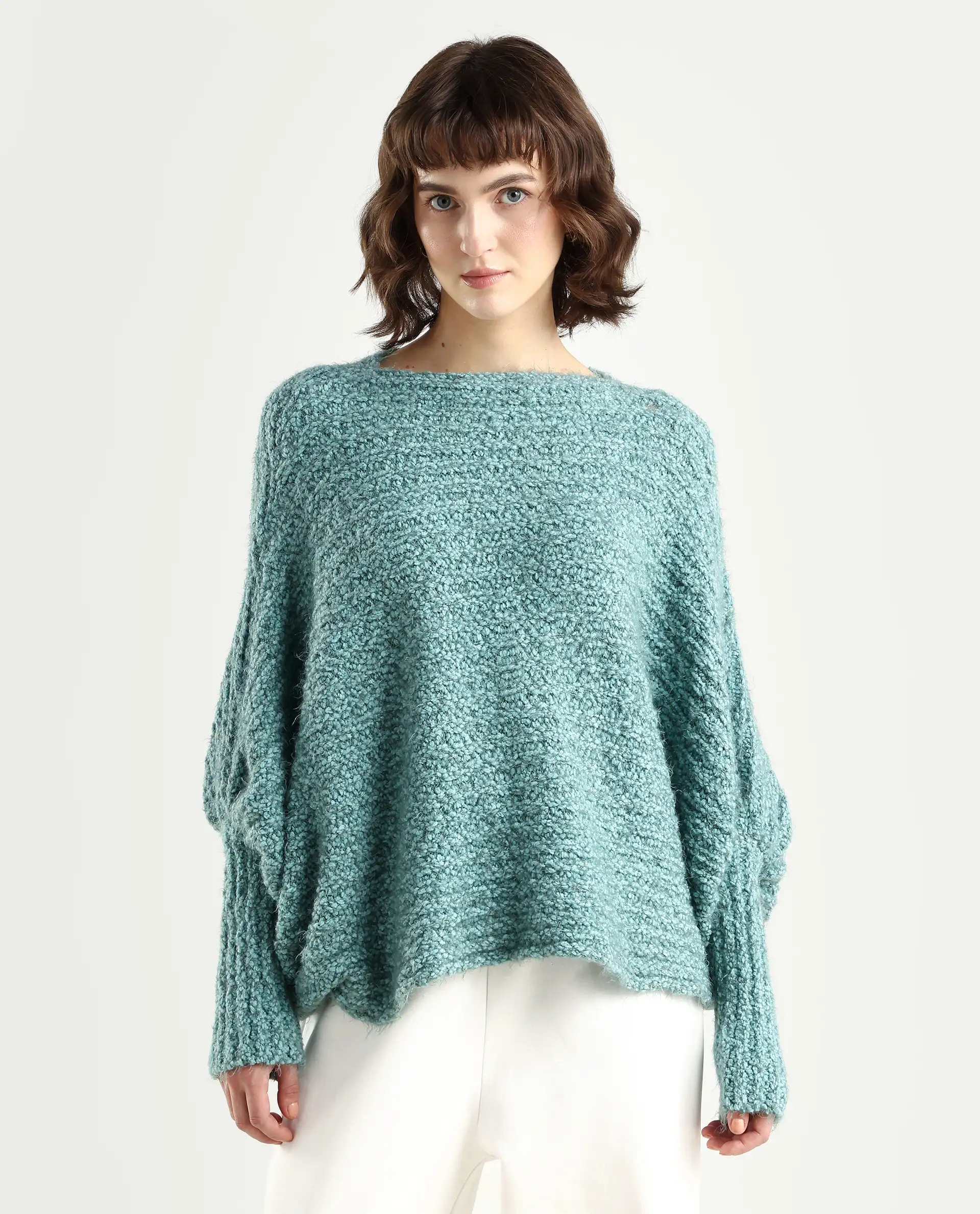 Rareism Women's Taro Teal Polyester Off Shoulder Plain Relaxed Fit Sweater - Image 3