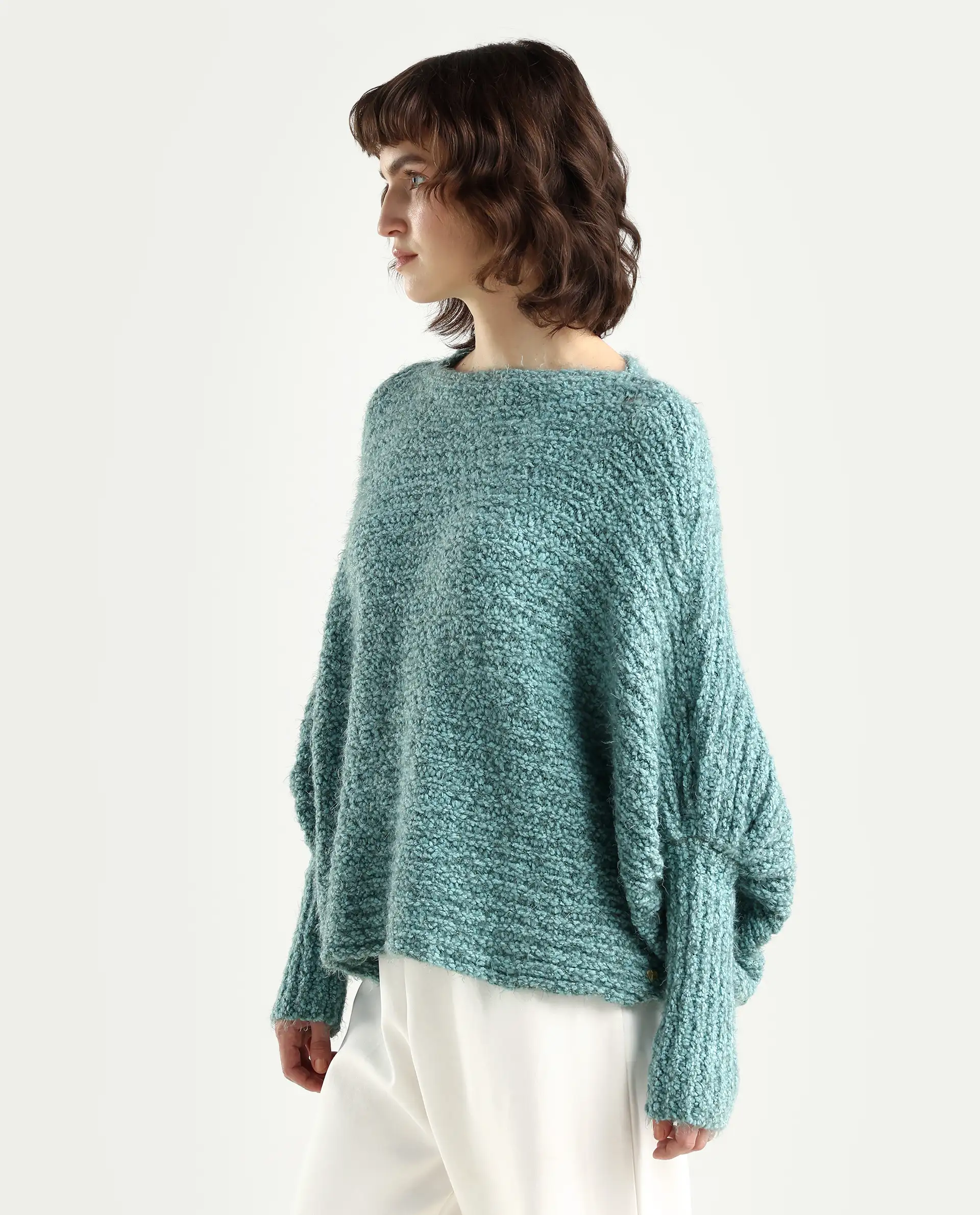 Rareism Women's Taro Teal Polyester Off Shoulder Plain Relaxed Fit Sweater - Image 4