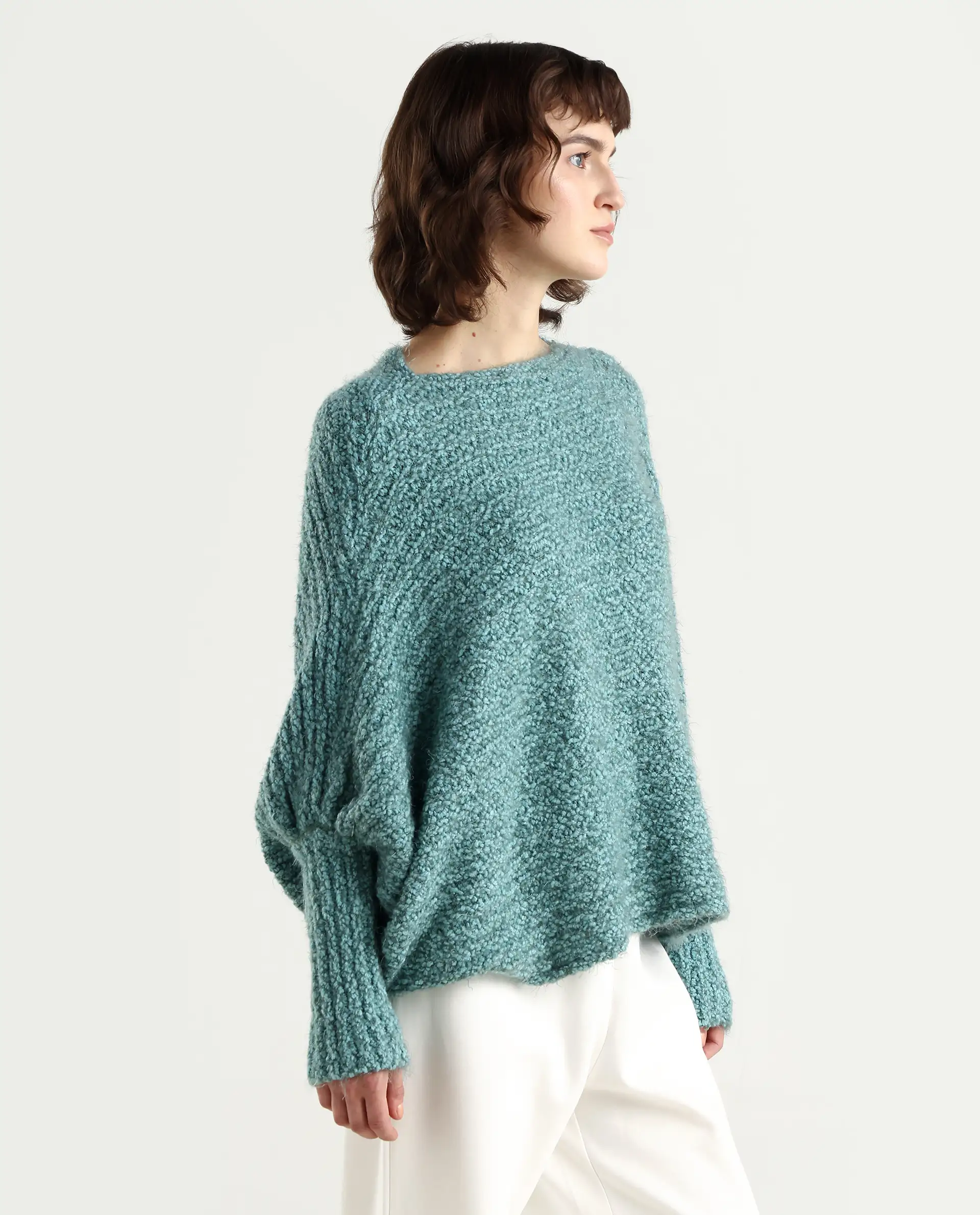 Rareism Women's Taro Teal Polyester Off Shoulder Plain Relaxed Fit Sweater - Image 5