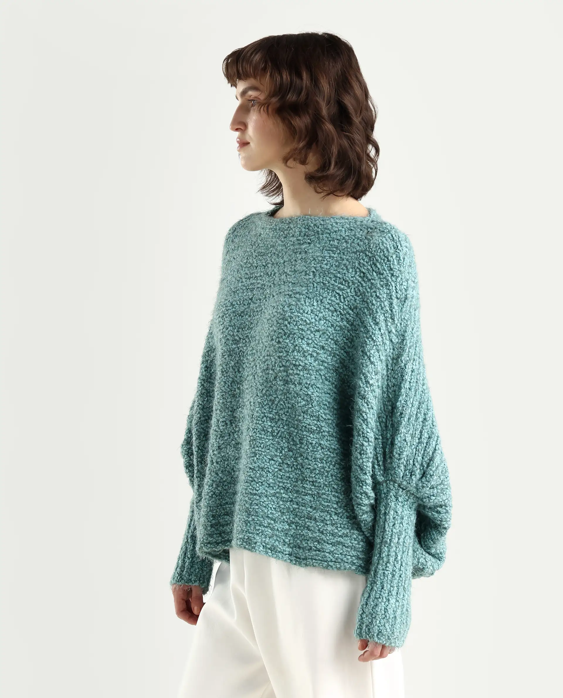 Rareism Women's Taro Teal Polyester Off Shoulder Plain Relaxed Fit Sweater - Image 6
