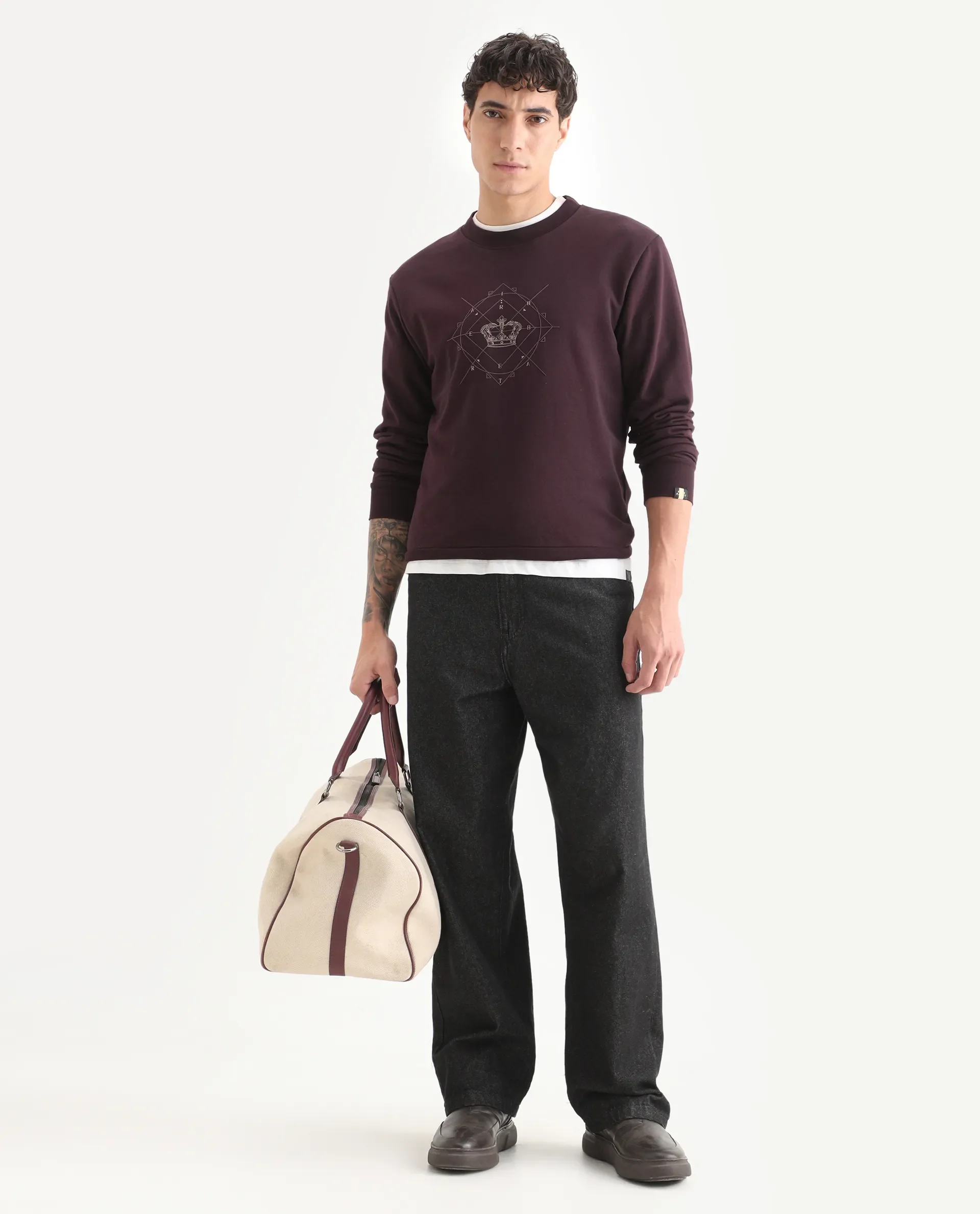Rare Rabbit Men's Tarol Dark Brown Cotton Blend Graphic Print Boxy Fit Full Sleeve Crew Neck Sweatshirt - Image 2