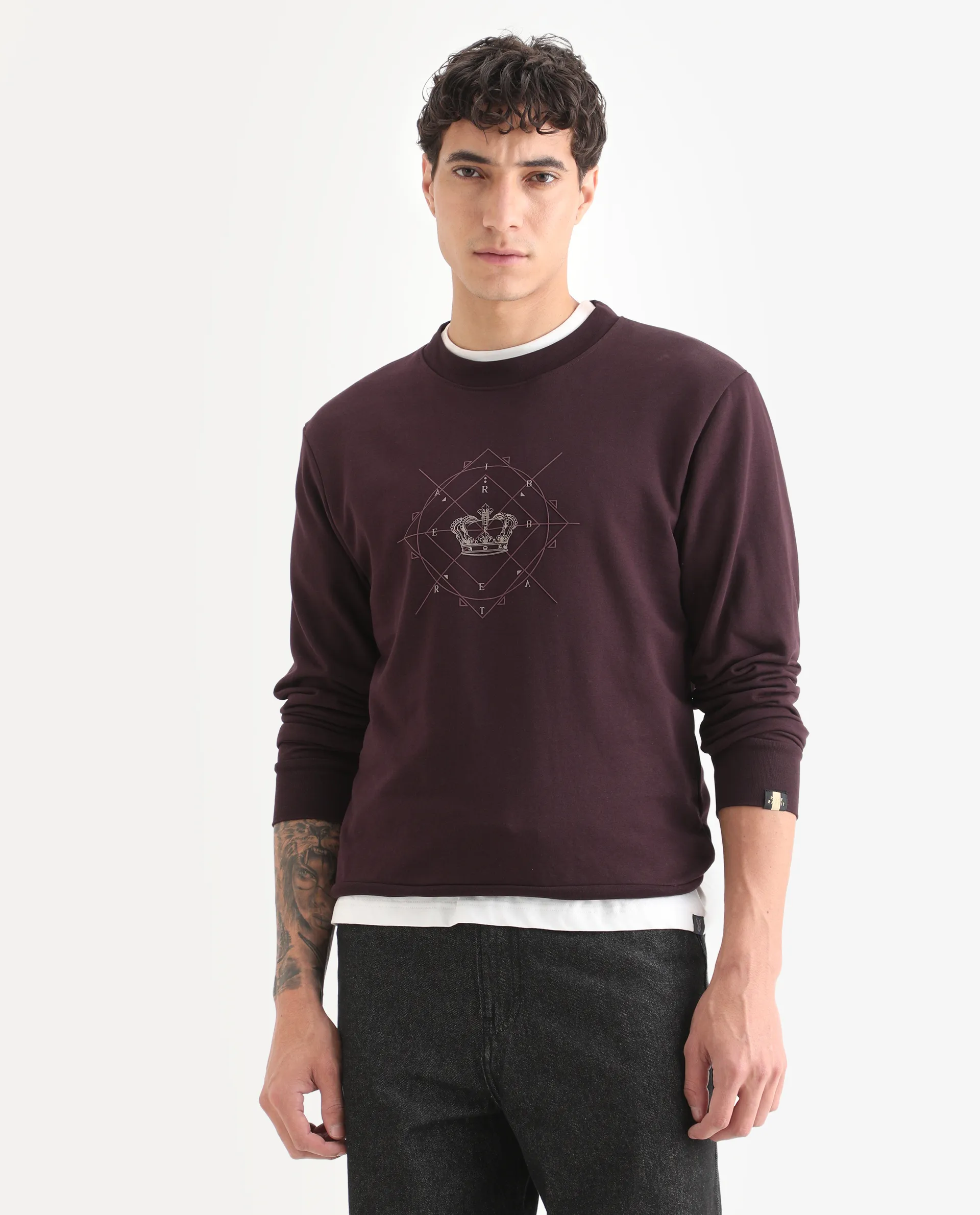 Rare Rabbit Men's Tarol Dark Brown Cotton Blend Graphic Print Boxy Fit Full Sleeve Crew Neck Sweatshirt - Image 4