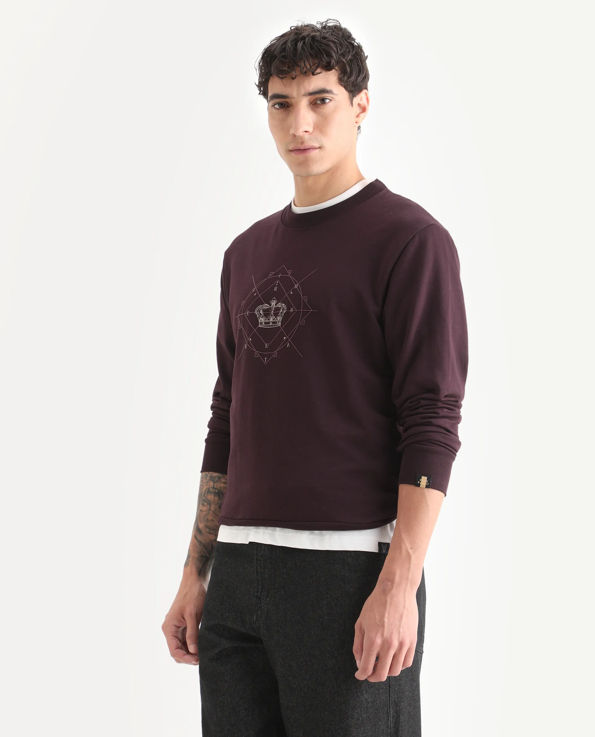 Rare Rabbit Men's Tarol Dark Brown Cotton Blend Graphic Print Boxy Fit Full Sleeve Crew Neck Sweatshirt - Image 5