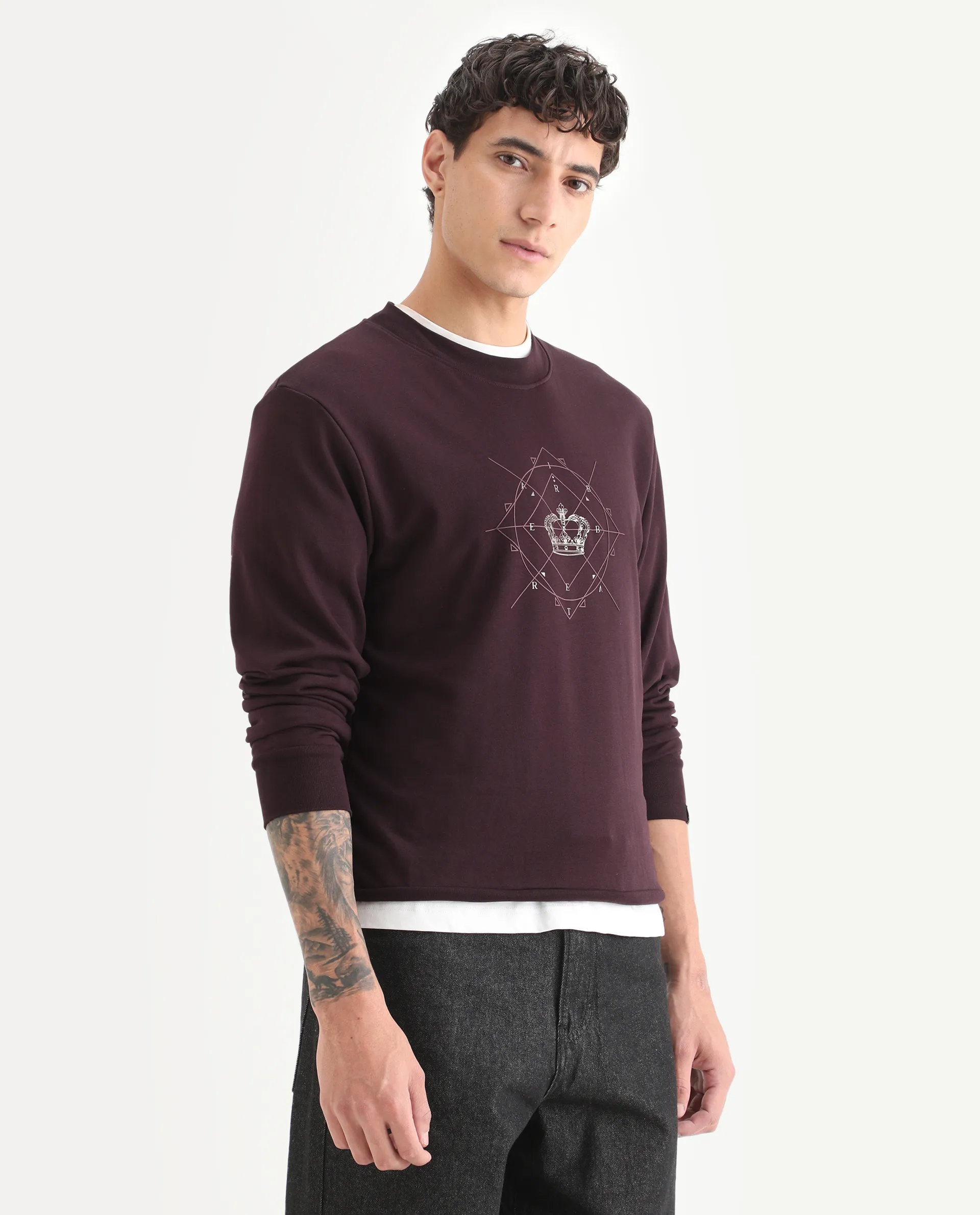 Rare Rabbit Men's Tarol Dark Brown Cotton Blend Graphic Print Boxy Fit Full Sleeve Crew Neck Sweatshirt - Image 6
