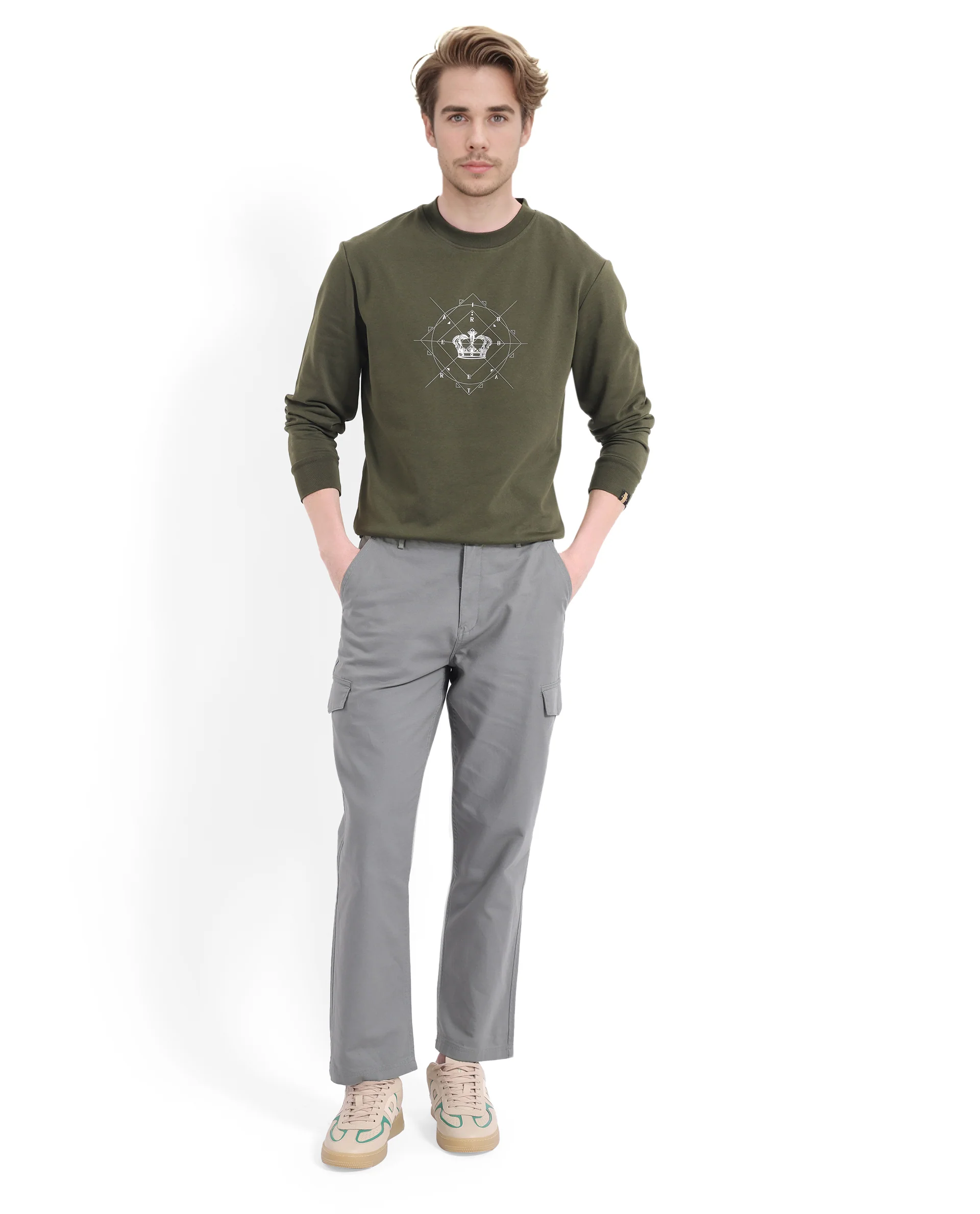 Rare Rabbit Men's Tarol Olive Cotton Blend Graphic Print Boxy Fit Full Sleeve Crew Neck Sweatshirt - Image 2