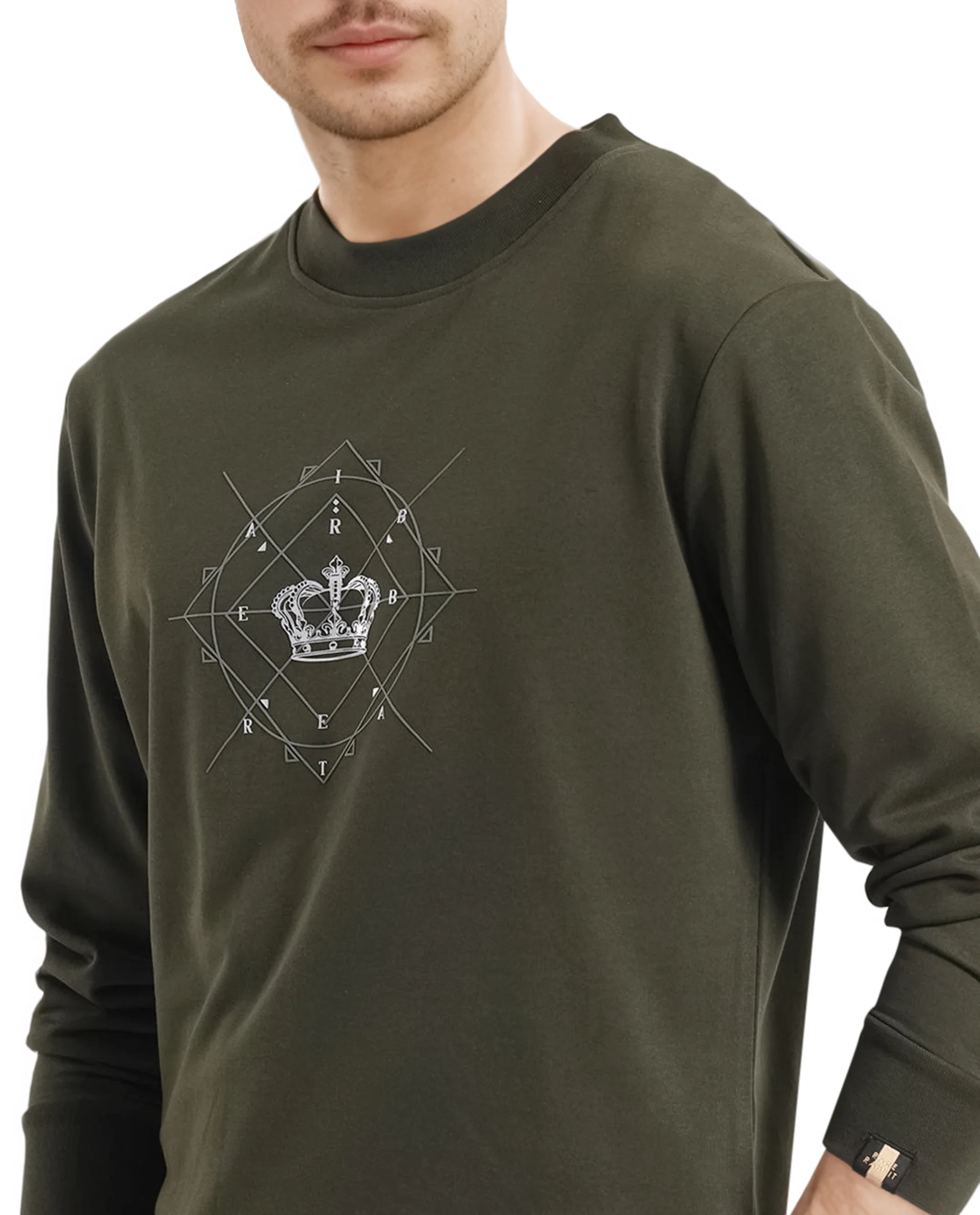Rare Rabbit Men's Tarol Olive Cotton Blend Graphic Print Boxy Fit Full Sleeve Crew Neck Sweatshirt - Image 3