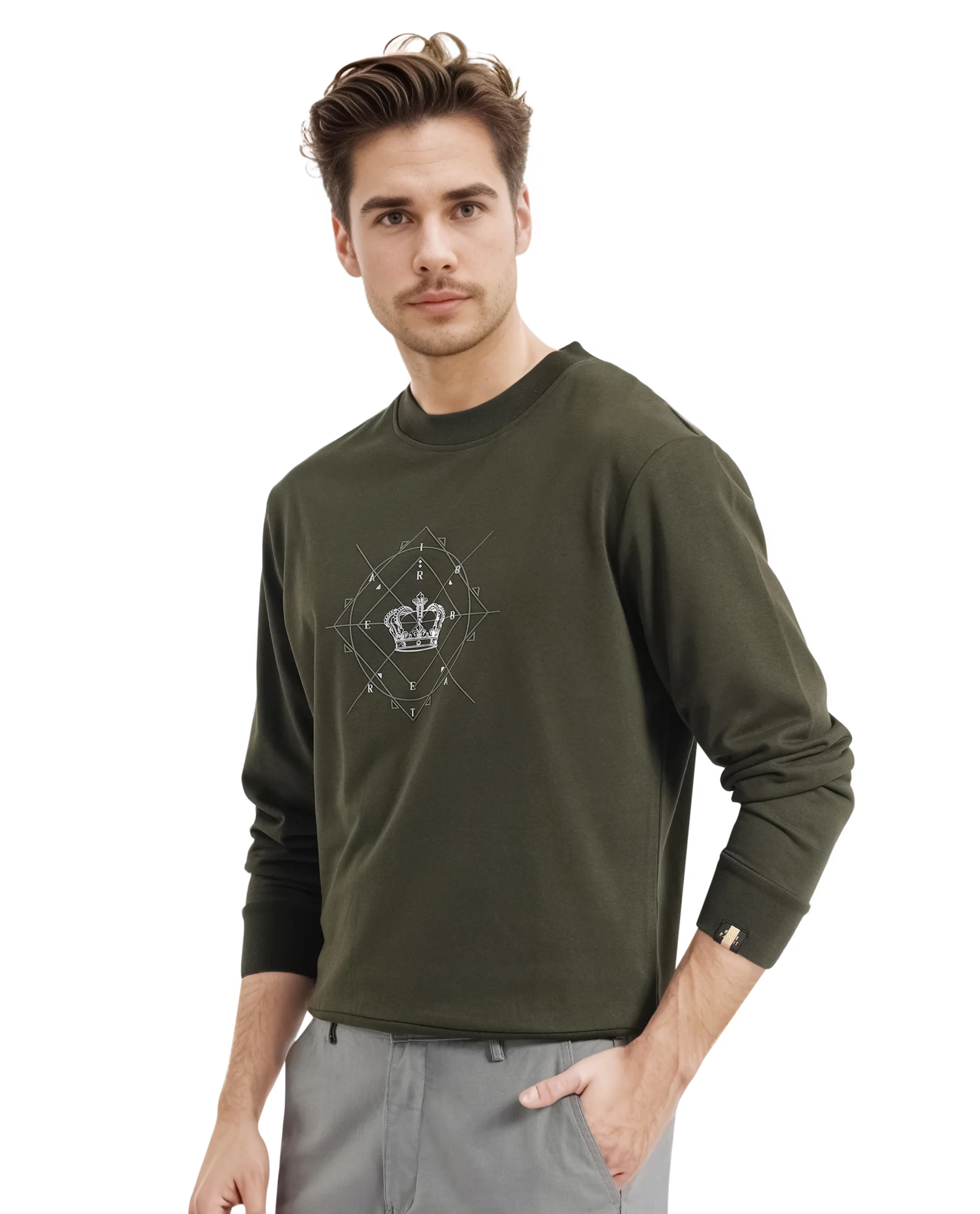 Rare Rabbit Men's Tarol Olive Cotton Blend Graphic Print Boxy Fit Full Sleeve Crew Neck Sweatshirt - Image 5