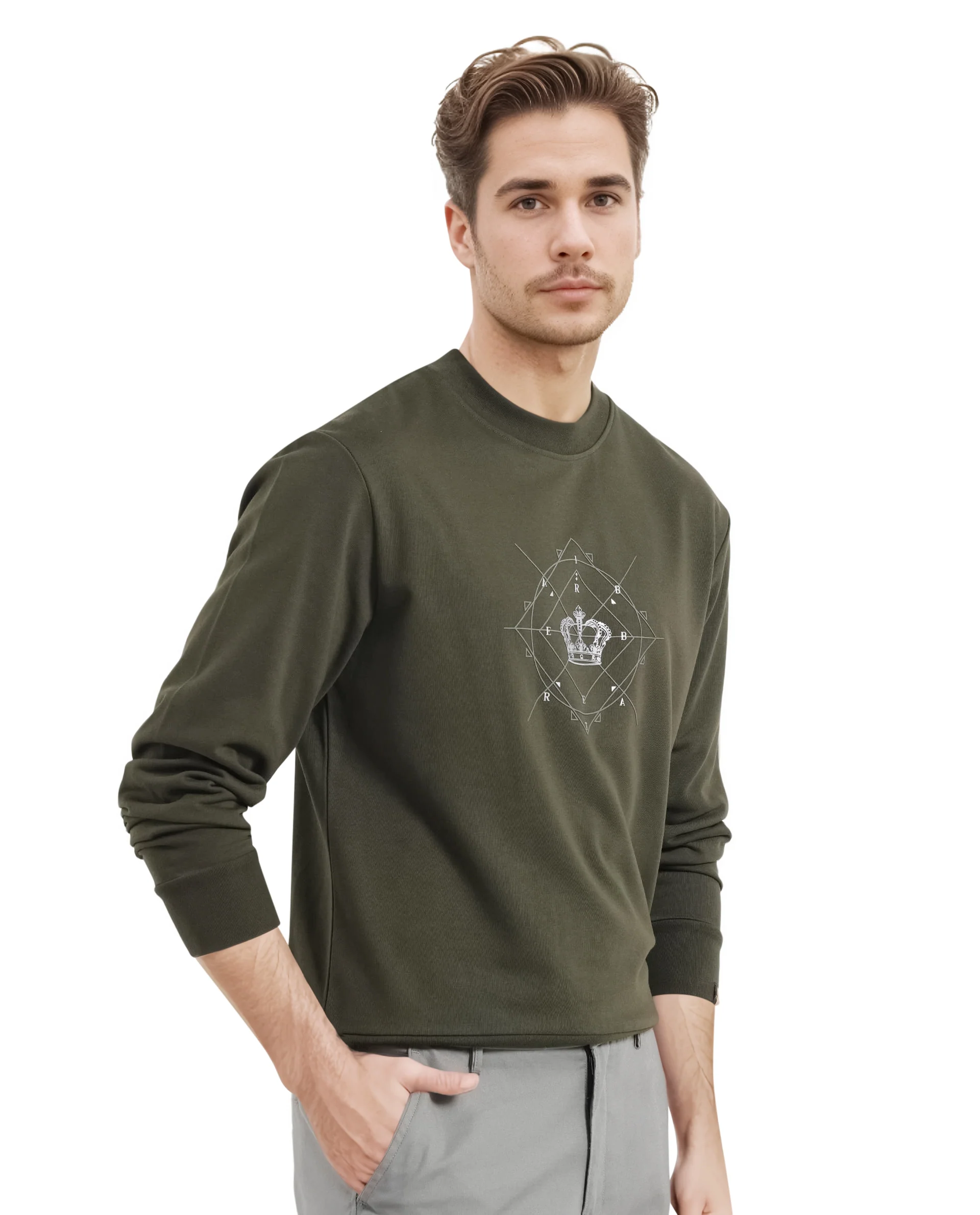 Rare Rabbit Men's Tarol Olive Cotton Blend Graphic Print Boxy Fit Full Sleeve Crew Neck Sweatshirt - Image 6