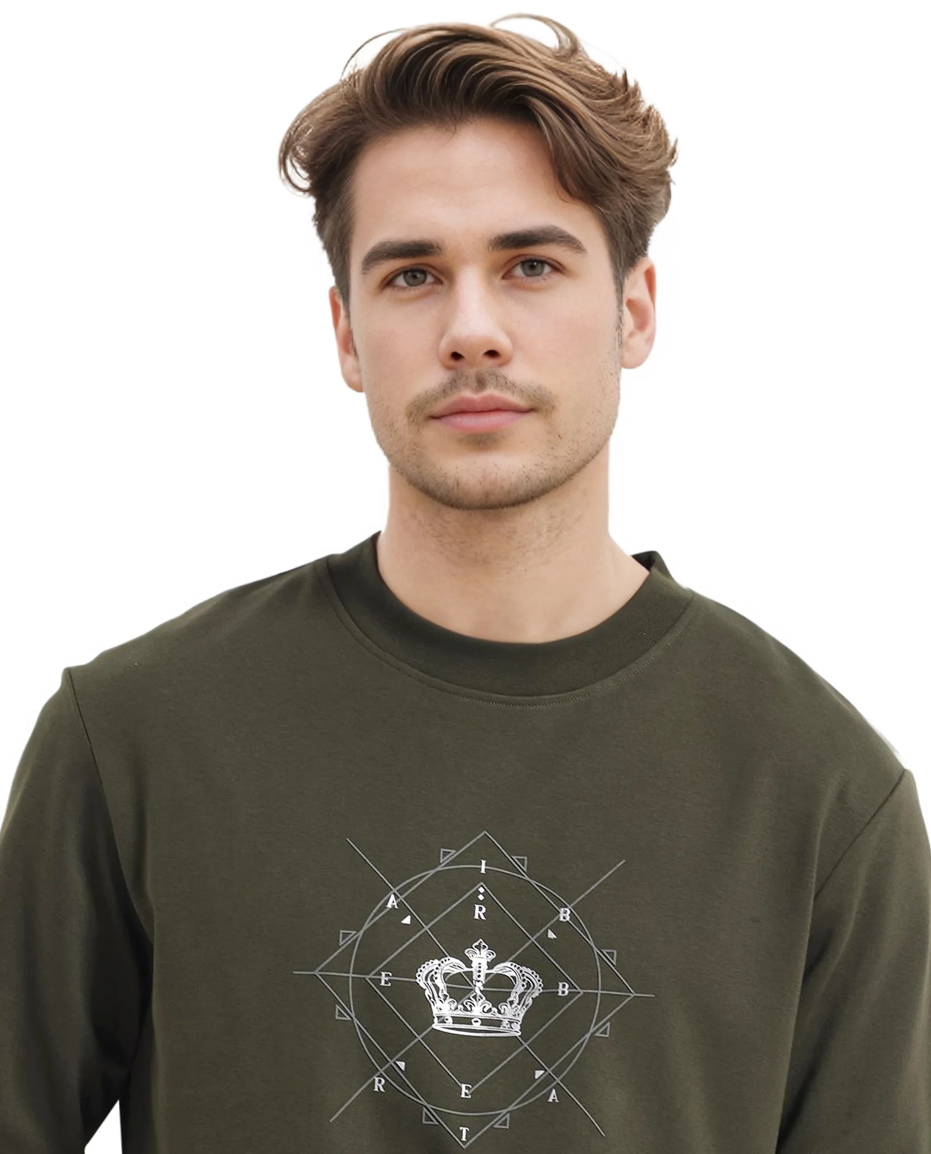 Rare Rabbit Men's Tarol Olive Cotton Blend Graphic Print Boxy Fit Full Sleeve Crew Neck Sweatshirt - Image 7