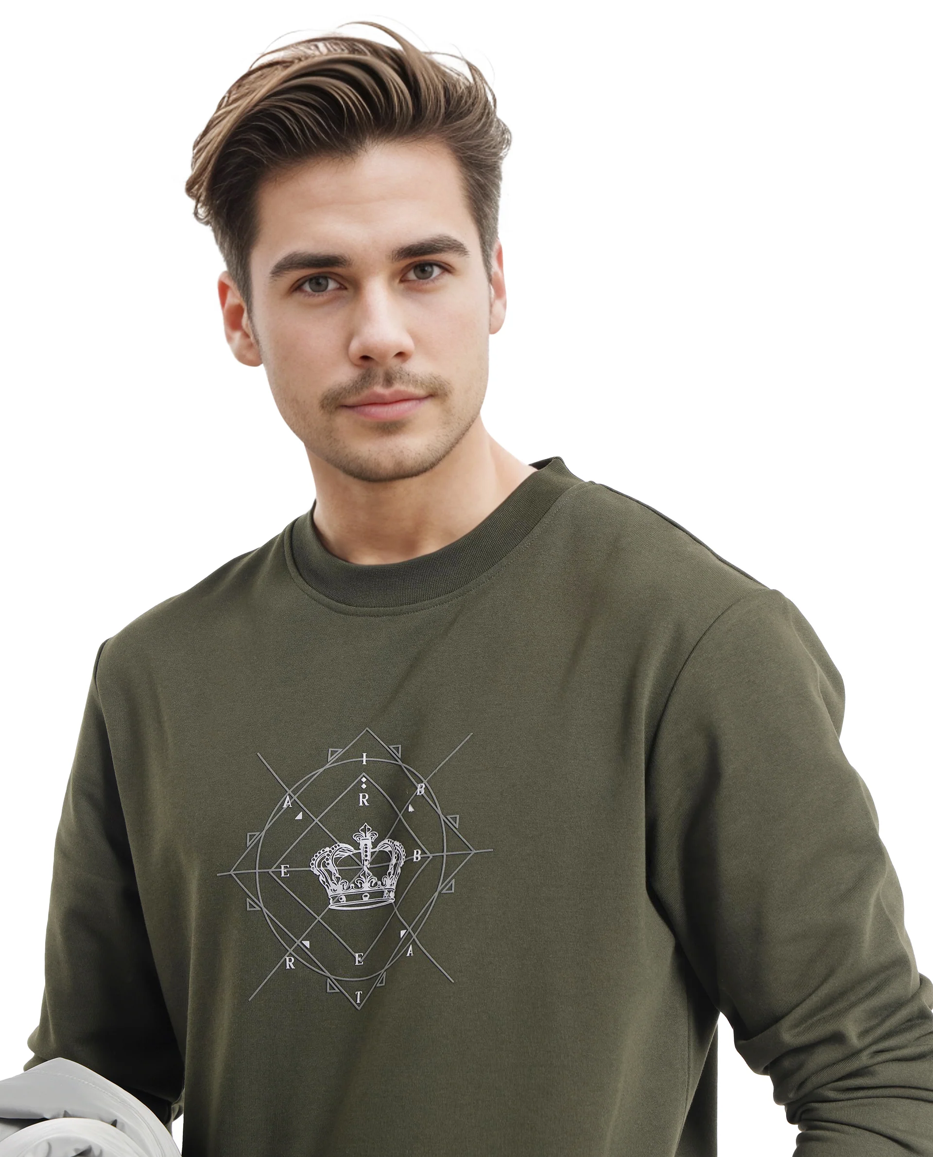 Rare Rabbit Men's Tarol Olive Cotton Blend Graphic Print Boxy Fit Full Sleeve Crew Neck Sweatshirt - Image 8