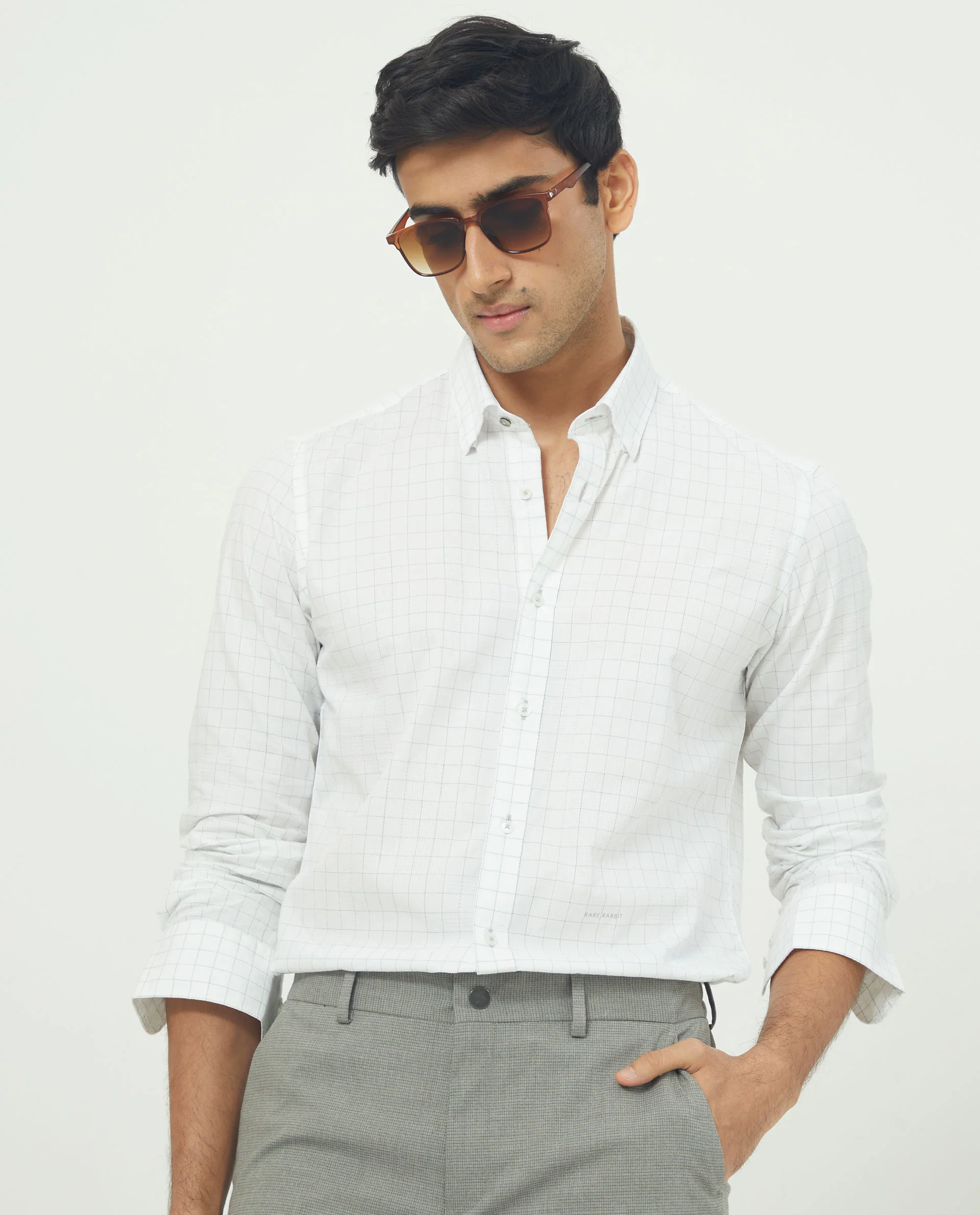 Rare Rabbit Men's Tarsia White Cotton Checked Print Tailored Fit Full Sleeve Collared Shirt - Image 4