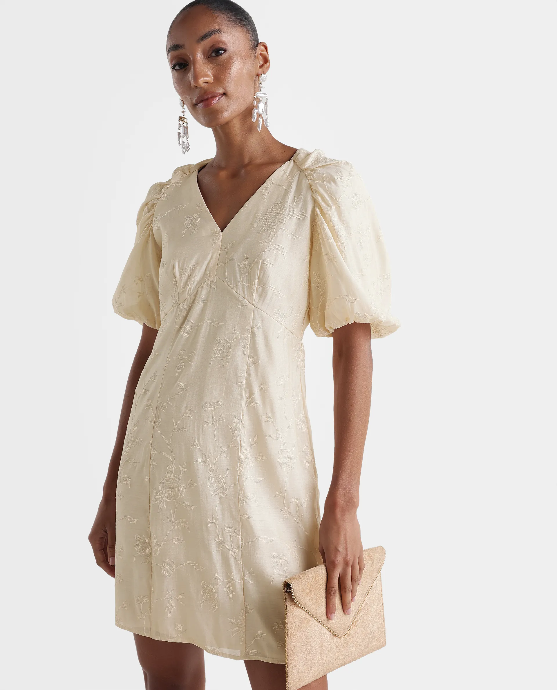 Rareism Women's Tash Pastel Beige Viscose Bodycon Plain Dress - Image 3