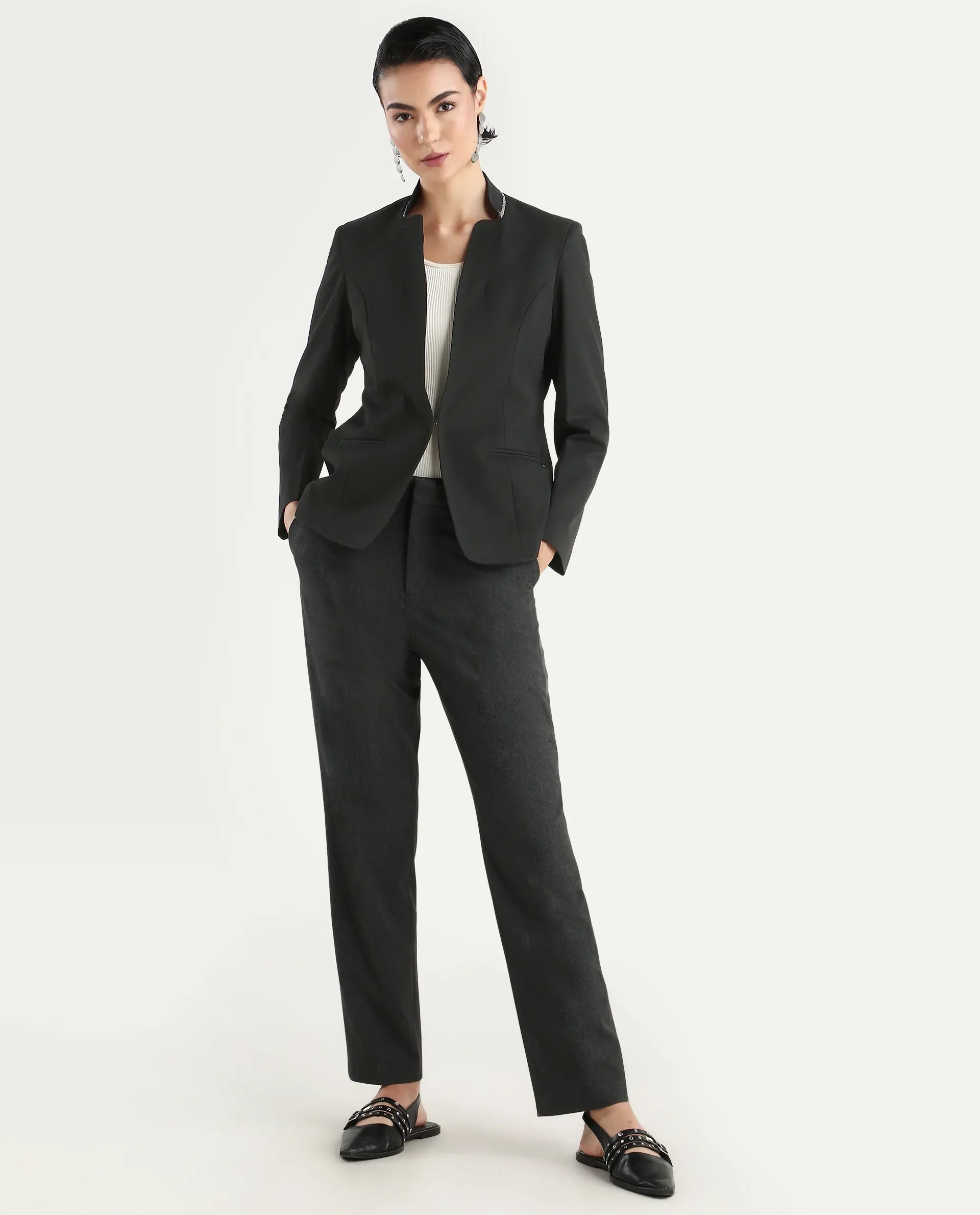 Rareism Women's Tasmania Black Cotton Blend Mandarin Collar Plain Regular Fit Jacket - Image 2