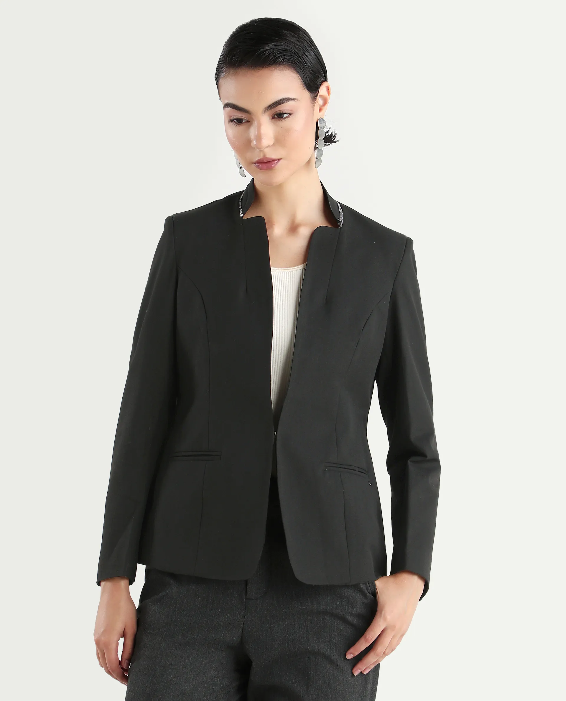 Rareism Women's Tasmania Black Cotton Blend Mandarin Collar Plain Regular Fit Jacket - Image 3