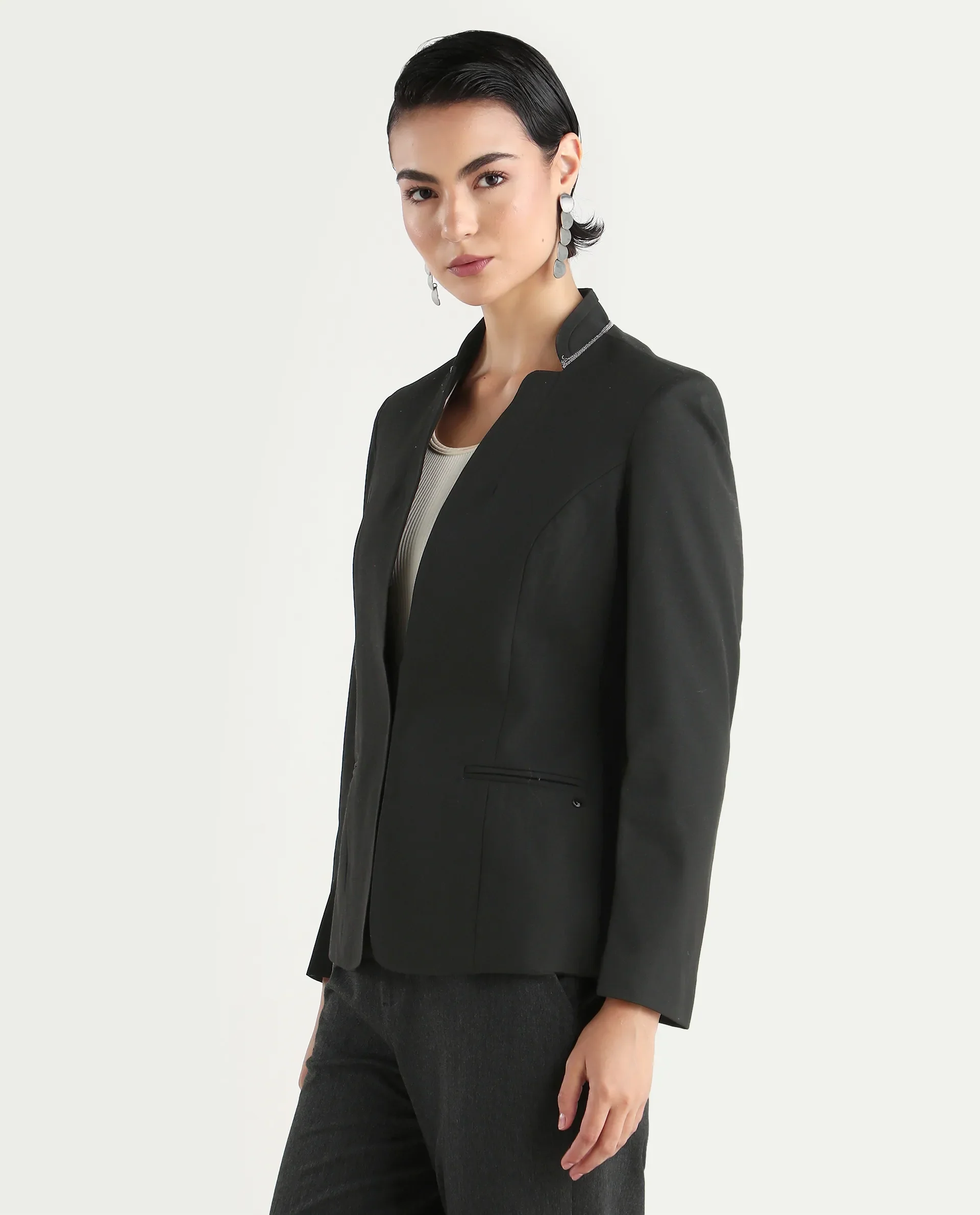Rareism Women's Tasmania Black Cotton Blend Mandarin Collar Plain Regular Fit Jacket - Image 5