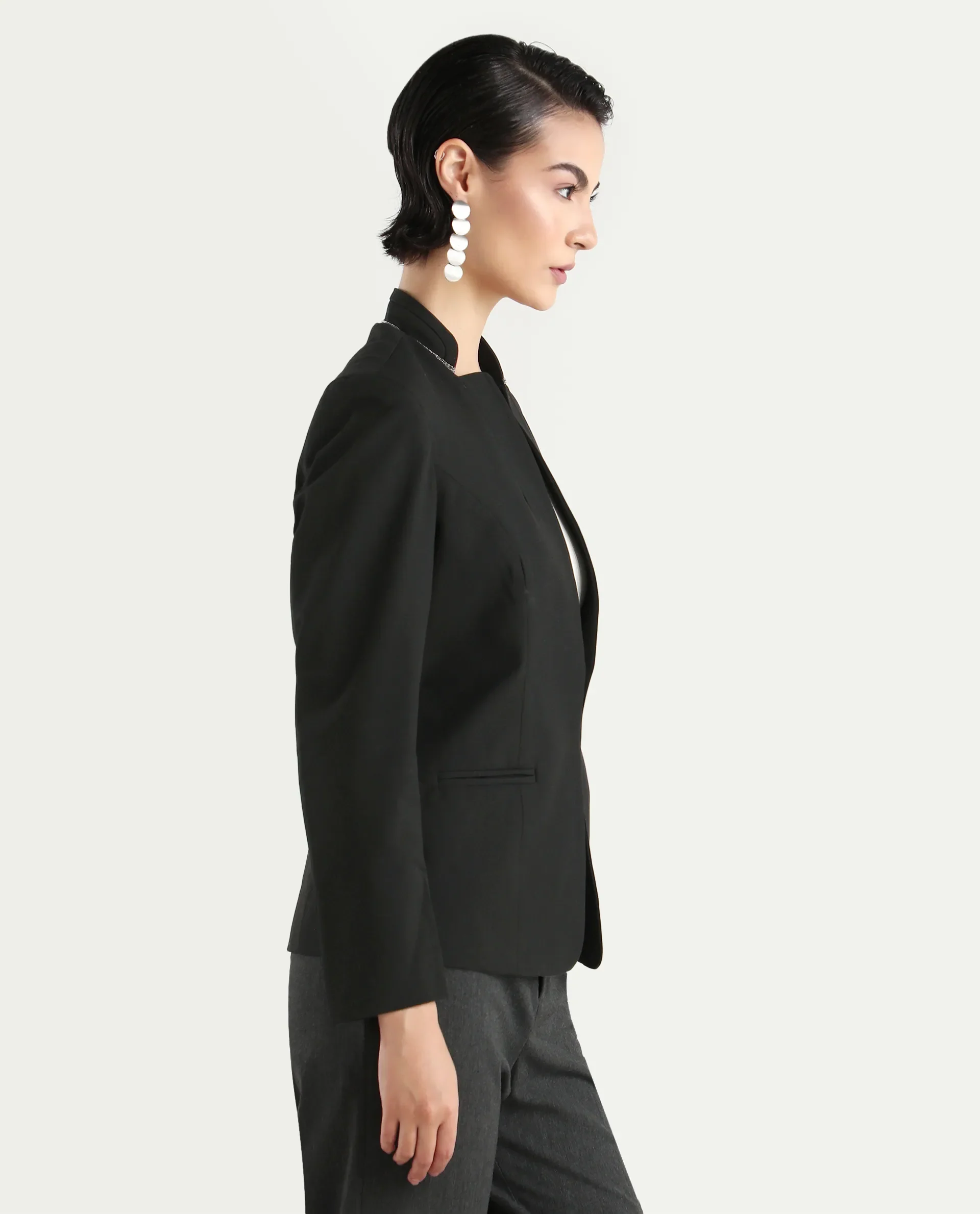 Rareism Women's Tasmania Black Cotton Blend Mandarin Collar Plain Regular Fit Jacket - Image 6