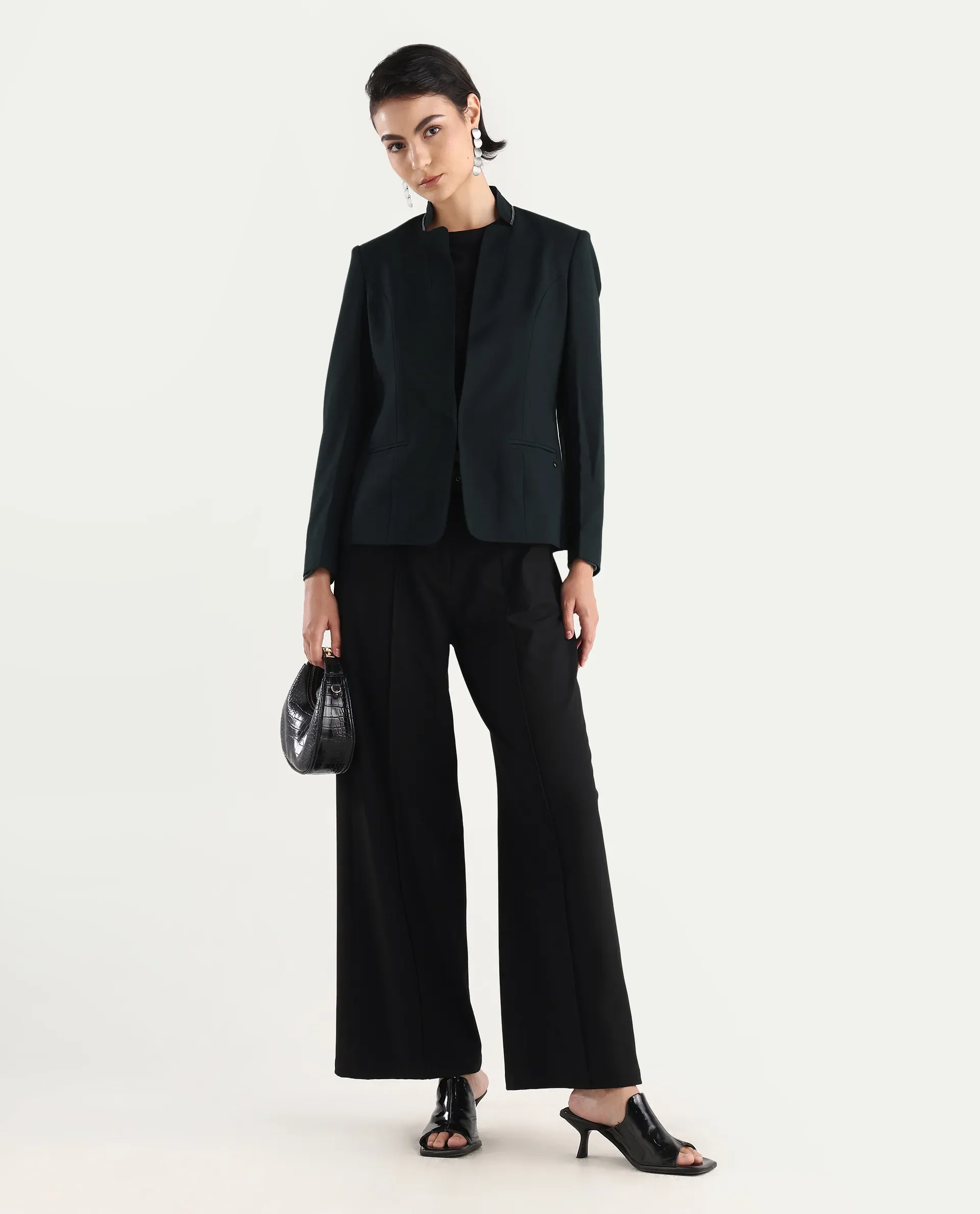 Rareism Women's Tasmania Dark Green Mandarin Collar Plain Regular Fit Jacket - Image 3