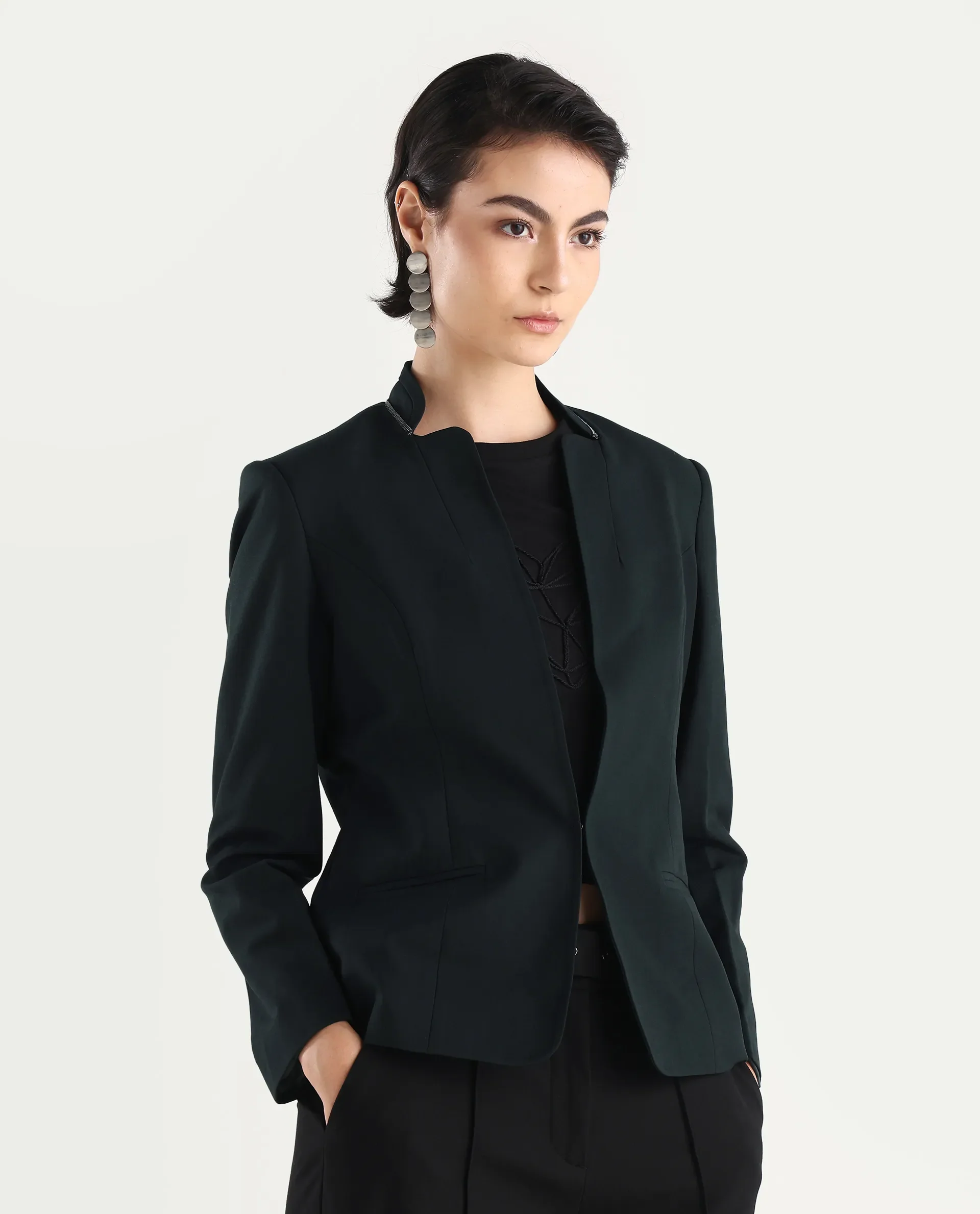 Rareism Women's Tasmania Dark Green Mandarin Collar Plain Regular Fit Jacket - Image 4