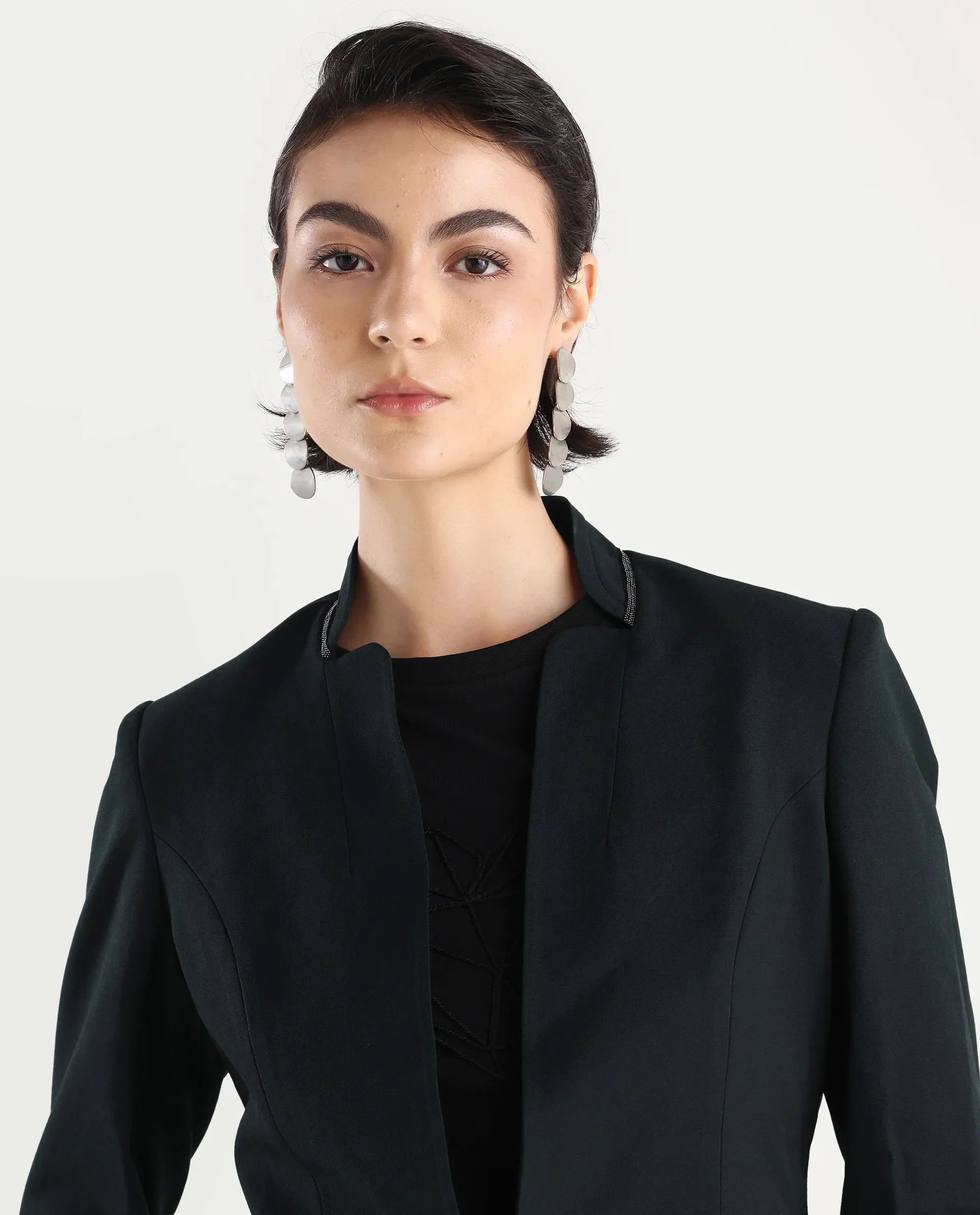 Rareism Women's Tasmania Dark Green Mandarin Collar Plain Regular Fit Jacket - Image 5
