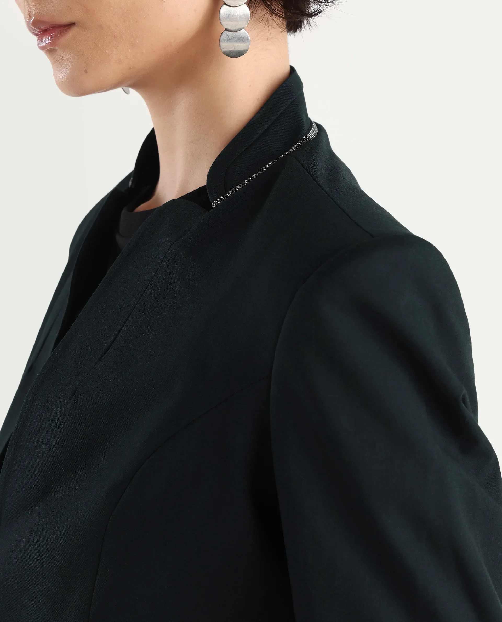 Rareism Women's Tasmania Dark Green Mandarin Collar Plain Regular Fit Jacket - Image 6