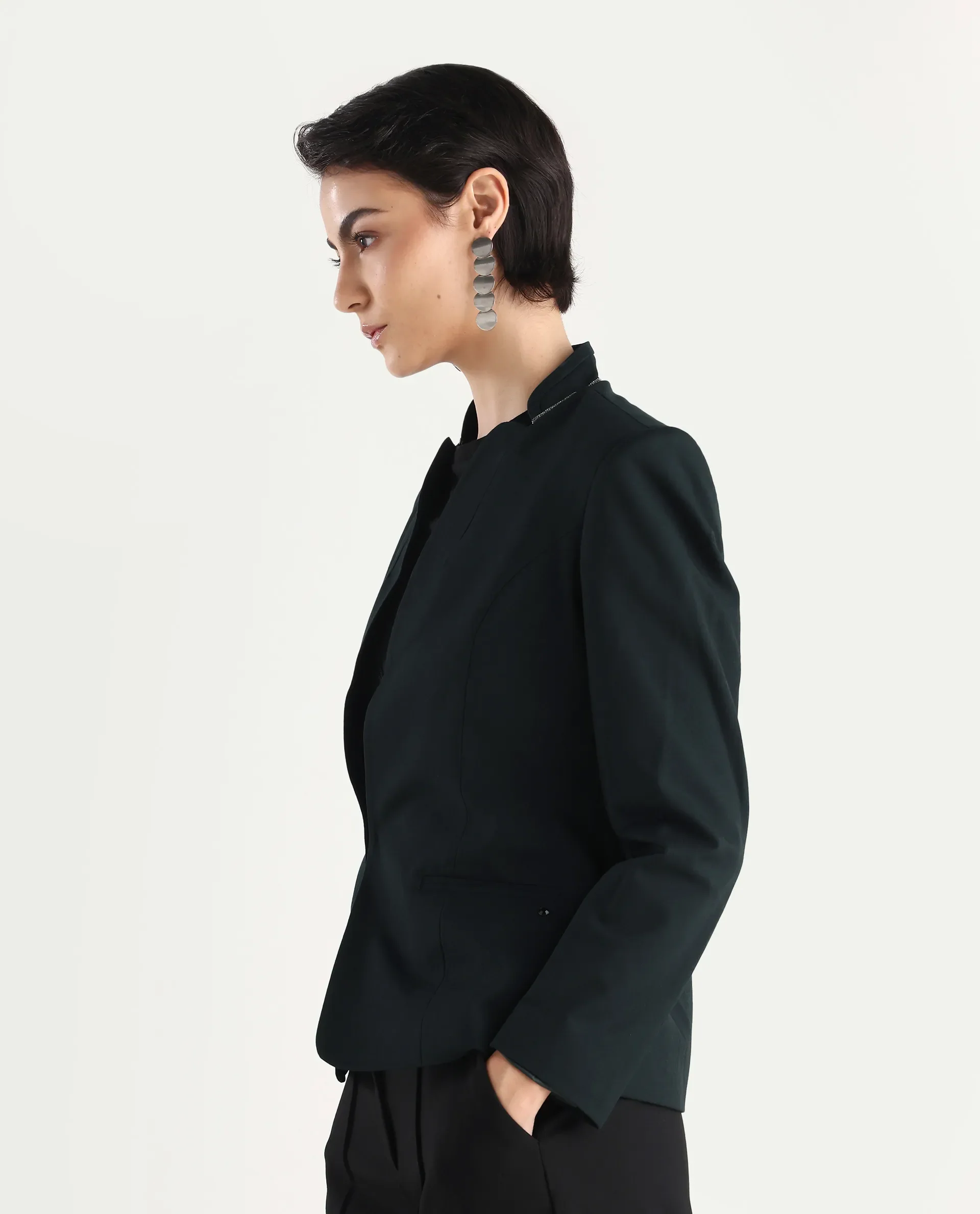 Rareism Women's Tasmania Dark Green Mandarin Collar Plain Regular Fit Jacket - Image 7