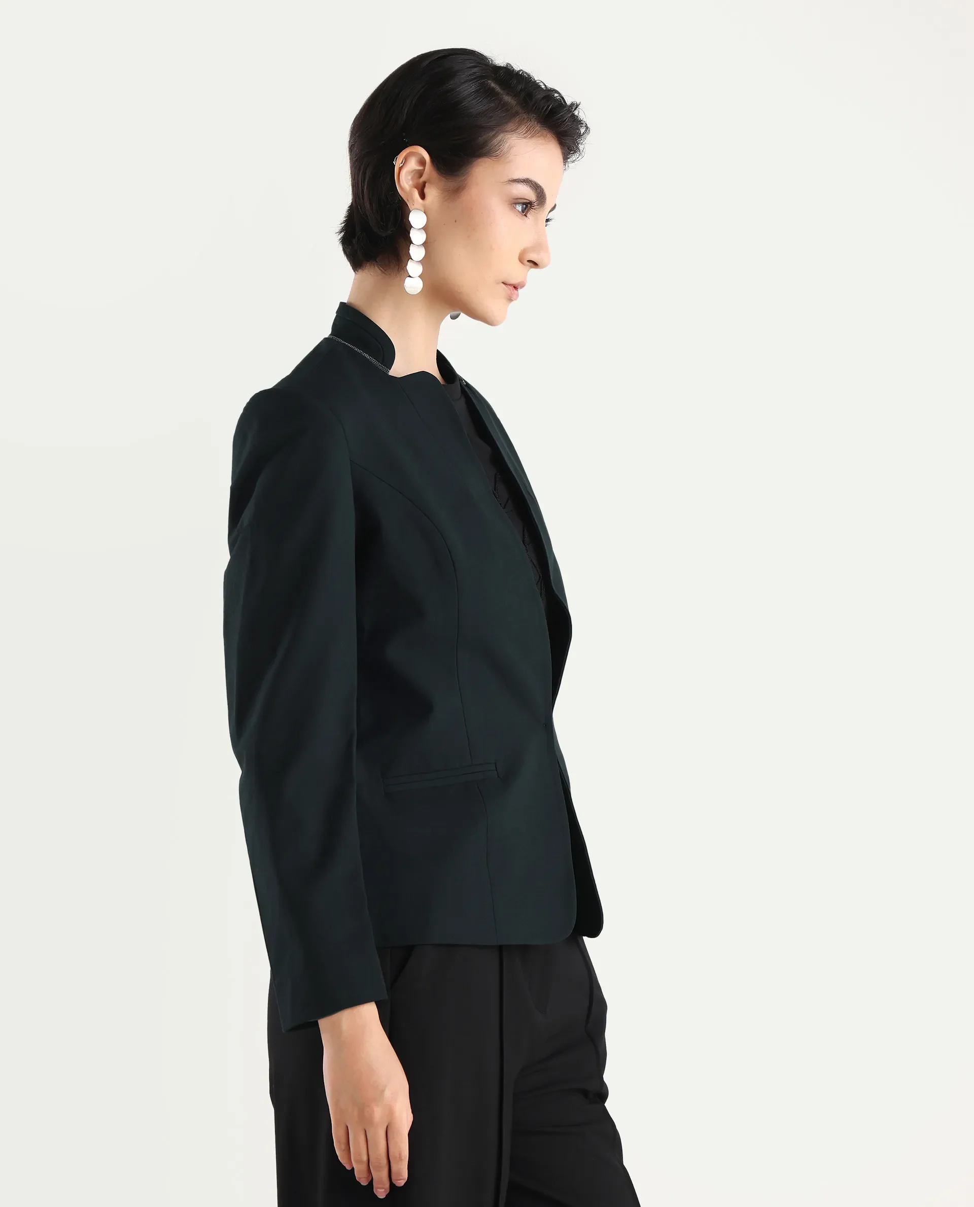 Rareism Women's Tasmania Dark Green Mandarin Collar Plain Regular Fit Jacket - Image 8