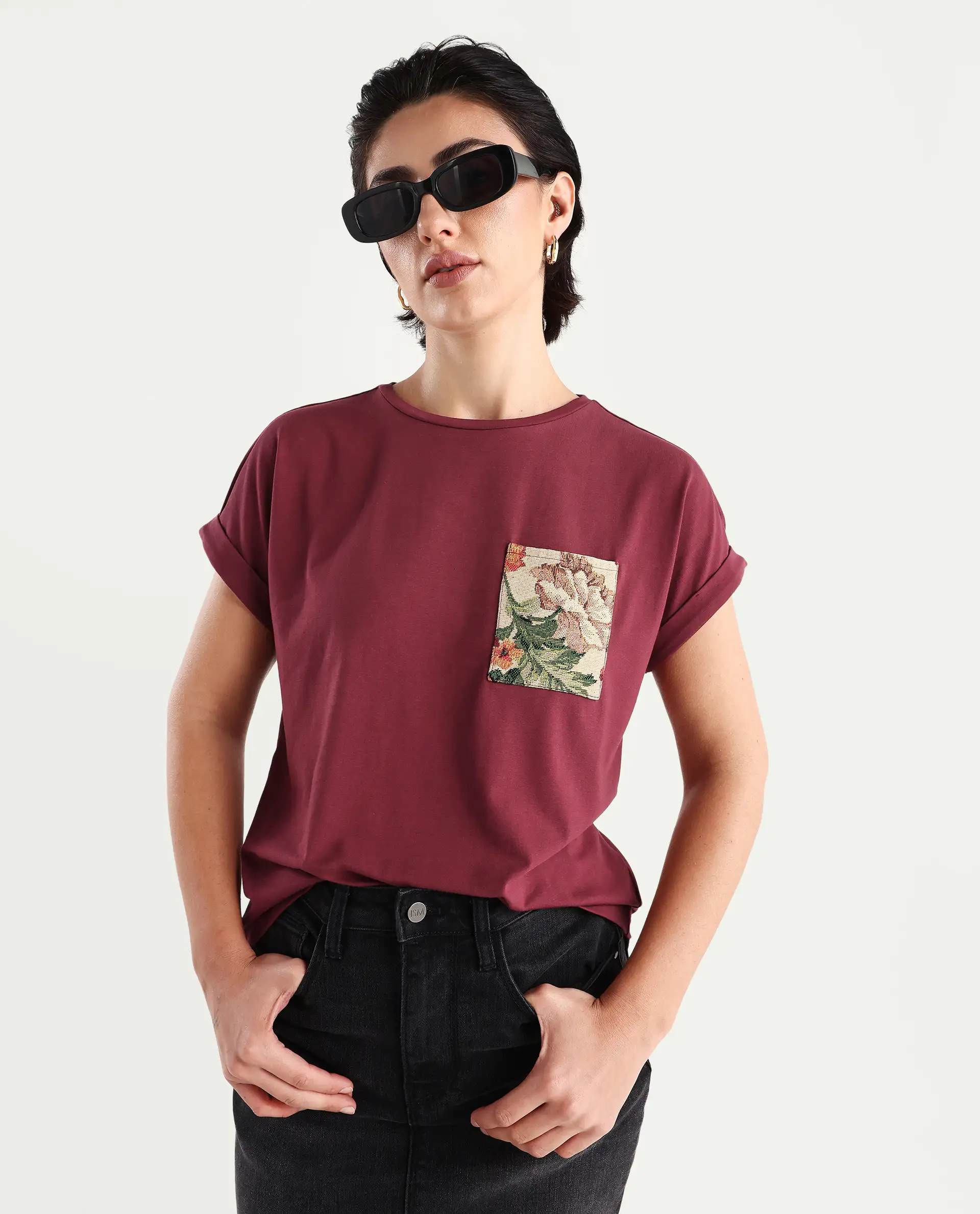 Rareism Women's Tasse Maroon Cotton Blend Crew Neck Graphic Print Extended Sleeves Relaxed Fit T-Shirt