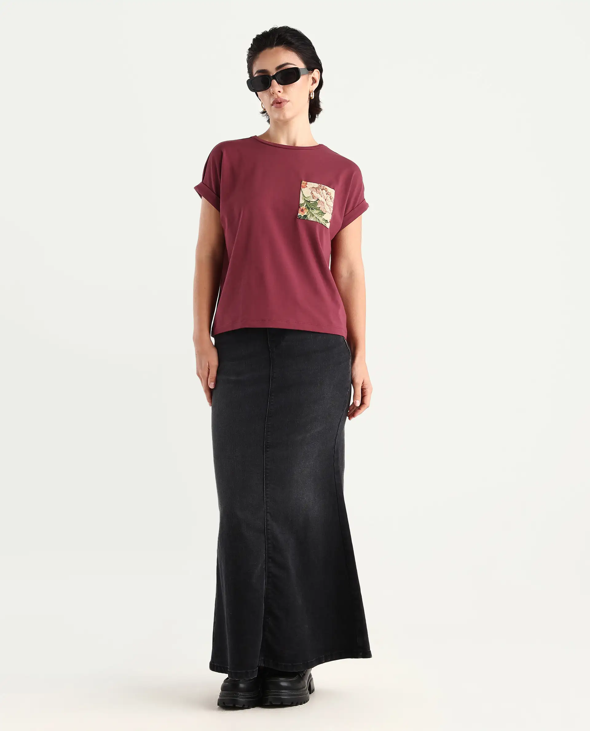 Rareism Women's Tasse Maroon Cotton Blend Crew Neck Graphic Print Extended Sleeves Relaxed Fit T-Shirt - Image 2