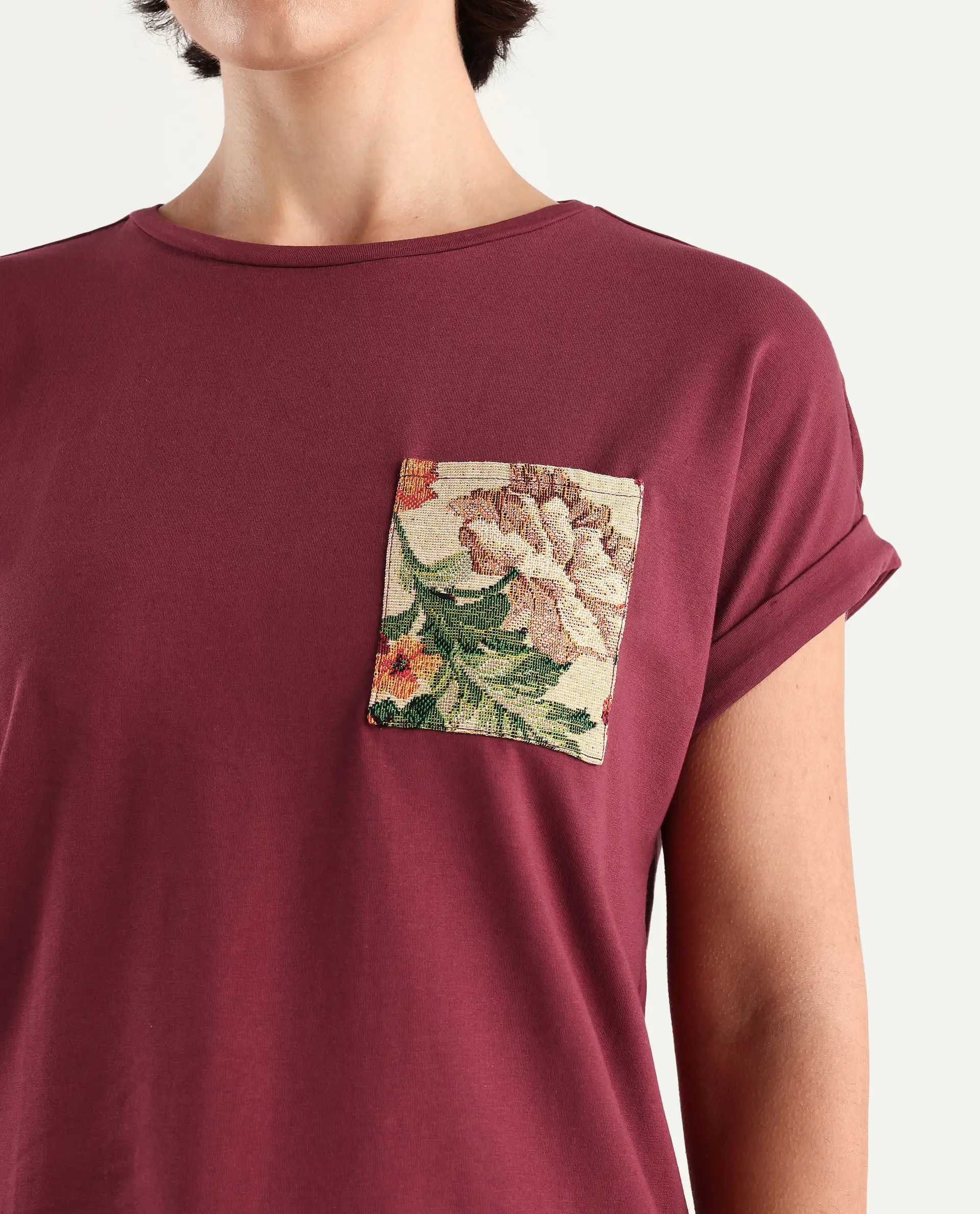 Rareism Women's Tasse Maroon Cotton Blend Crew Neck Graphic Print Extended Sleeves Relaxed Fit T-Shirt - Image 3