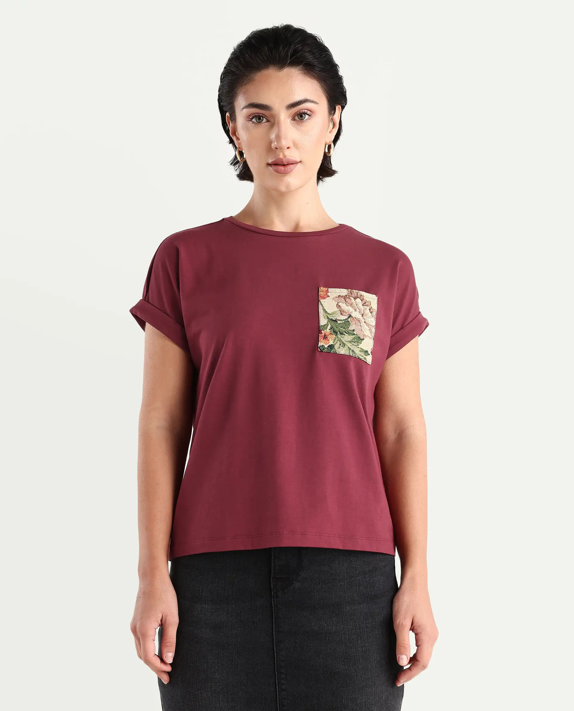 Rareism Women's Tasse Maroon Cotton Blend Crew Neck Graphic Print Extended Sleeves Relaxed Fit T-Shirt - Image 4