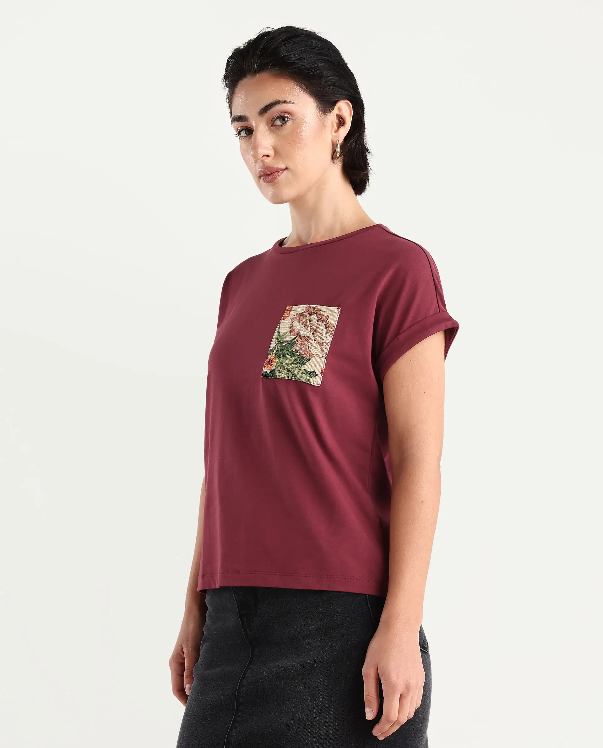 Rareism Women's Tasse Maroon Cotton Blend Crew Neck Graphic Print Extended Sleeves Relaxed Fit T-Shirt - Image 5