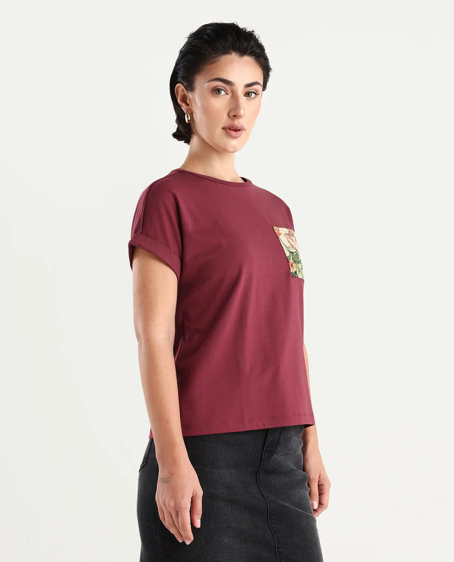 Rareism Women's Tasse Maroon Cotton Blend Crew Neck Graphic Print Extended Sleeves Relaxed Fit T-Shirt - Image 6
