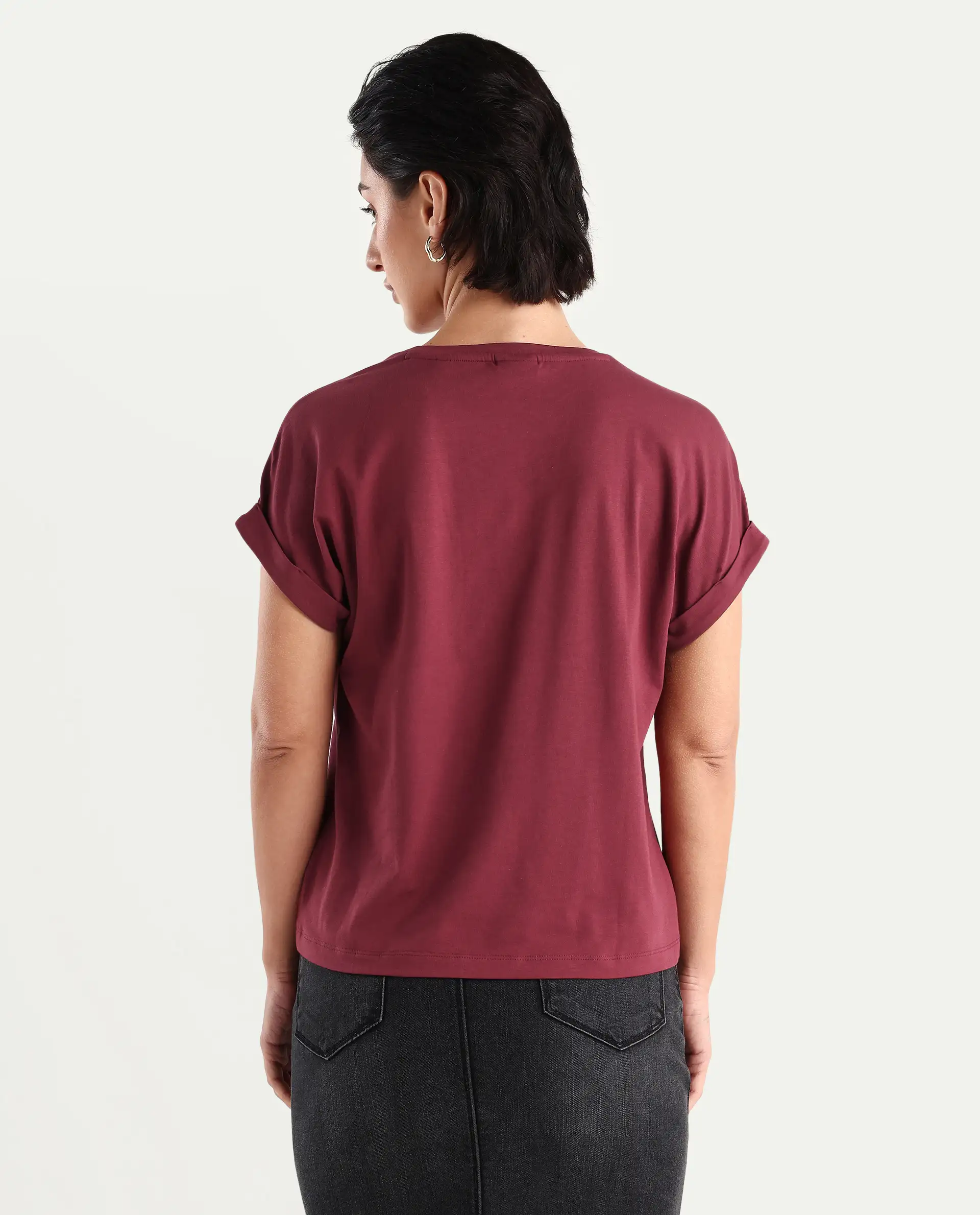Rareism Women's Tasse Maroon Cotton Blend Crew Neck Graphic Print Extended Sleeves Relaxed Fit T-Shirt - Image 7